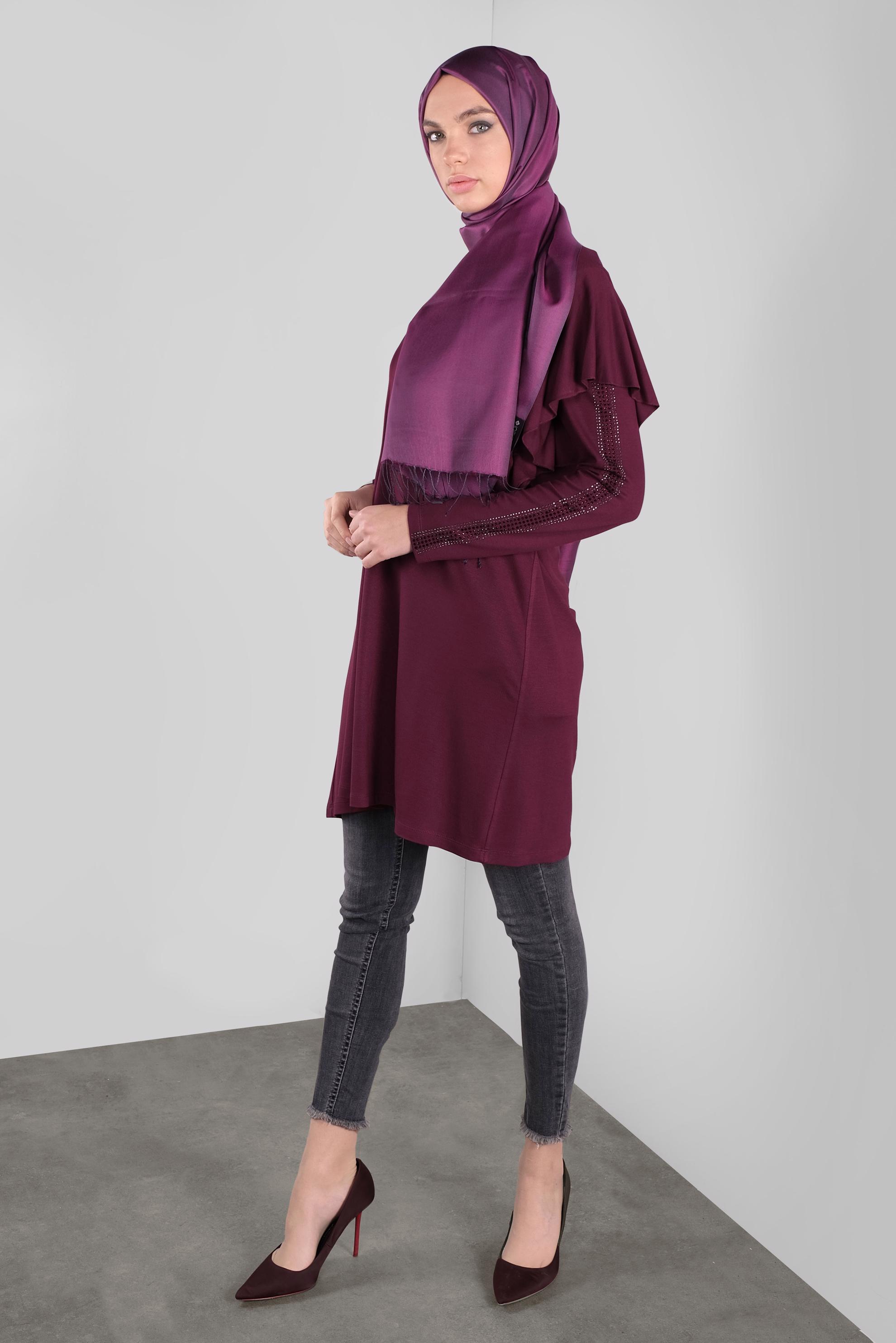 Tesettür giyim MOR TAŞ BASKILI FIRFIRLI TUNİK 41293 