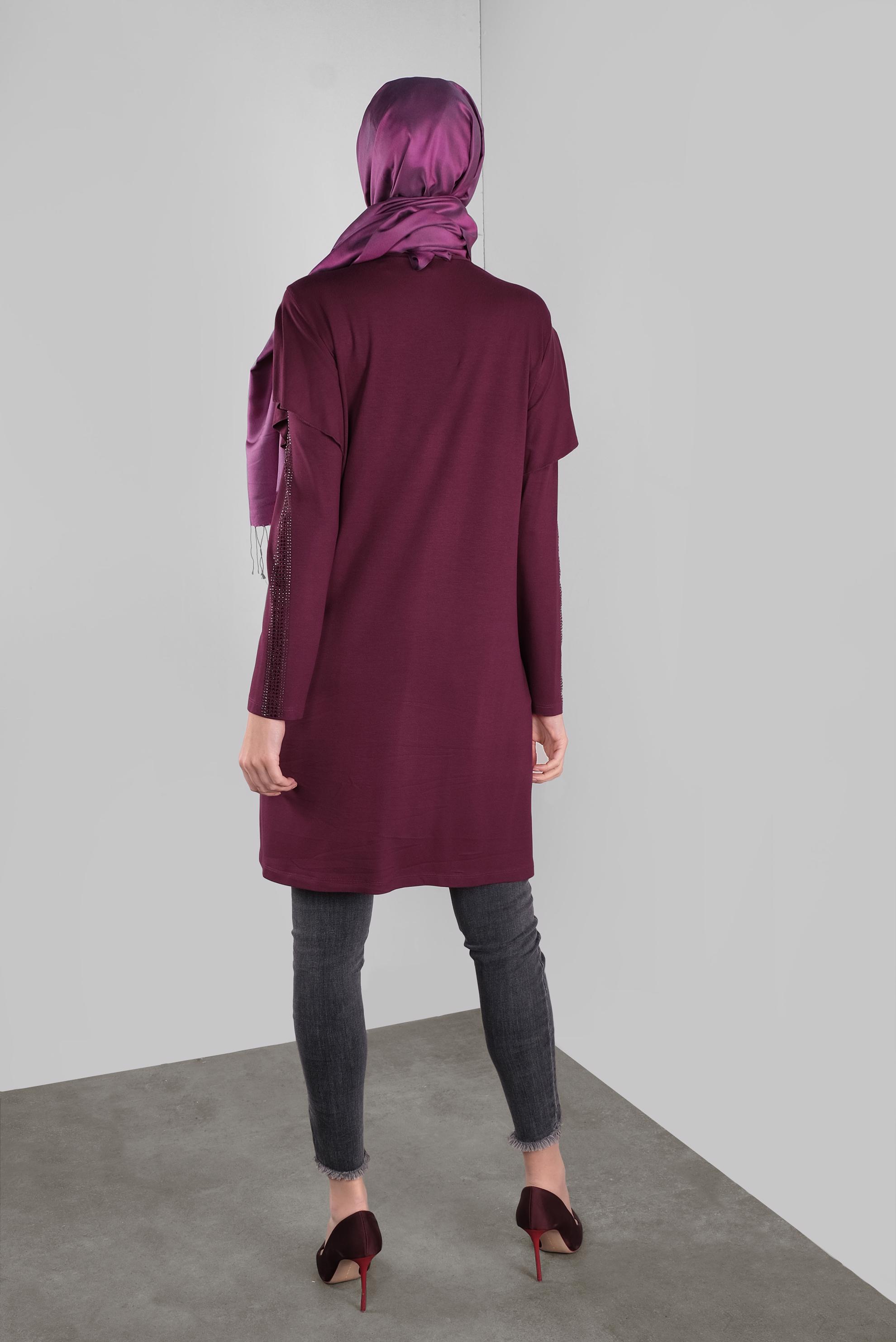 Tesettür giyim MOR TAŞ BASKILI FIRFIRLI TUNİK 41293 