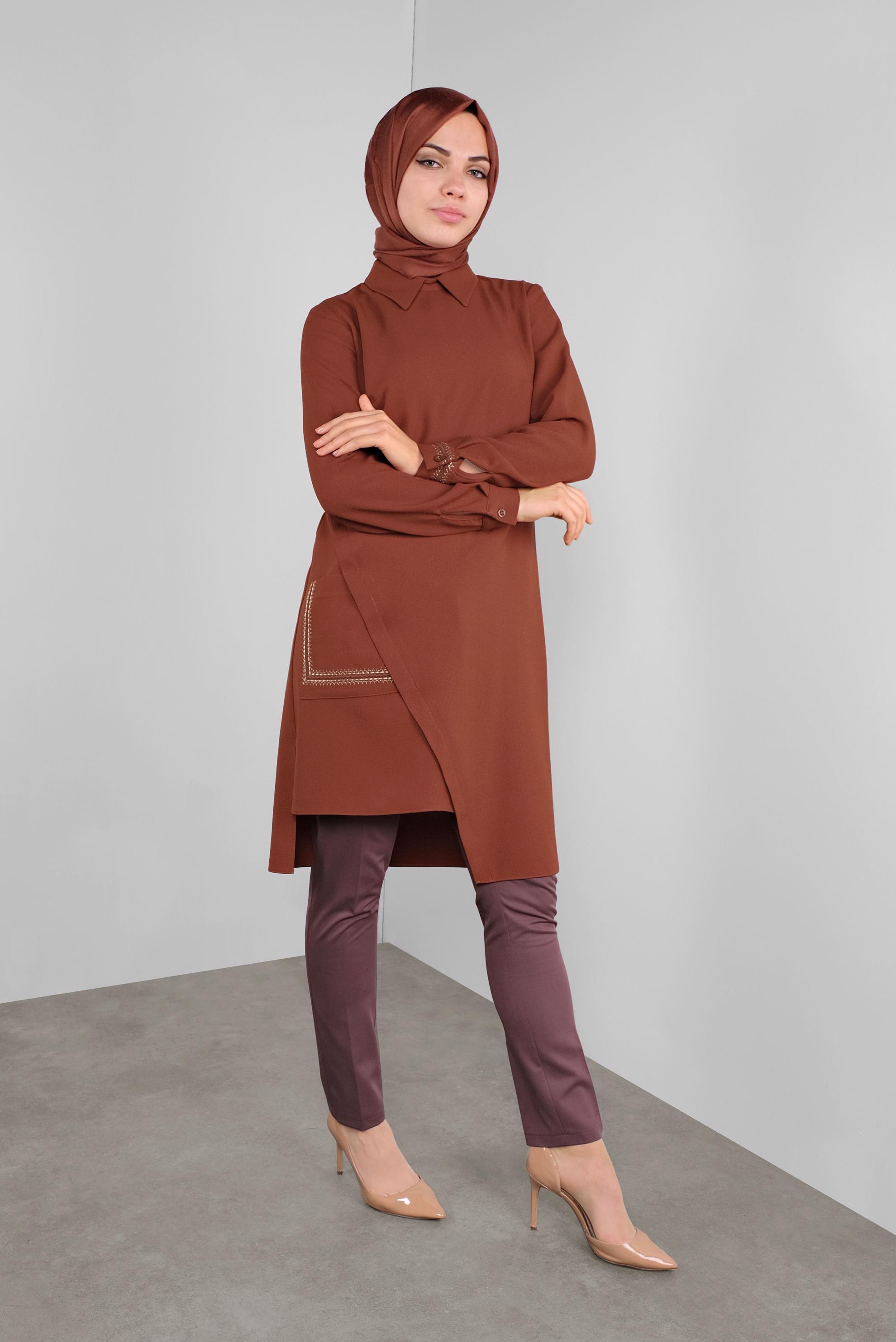 Tesettür giyim TURUNCU NAKIŞLI ASİMETRİK KESİM TUNİK 41294