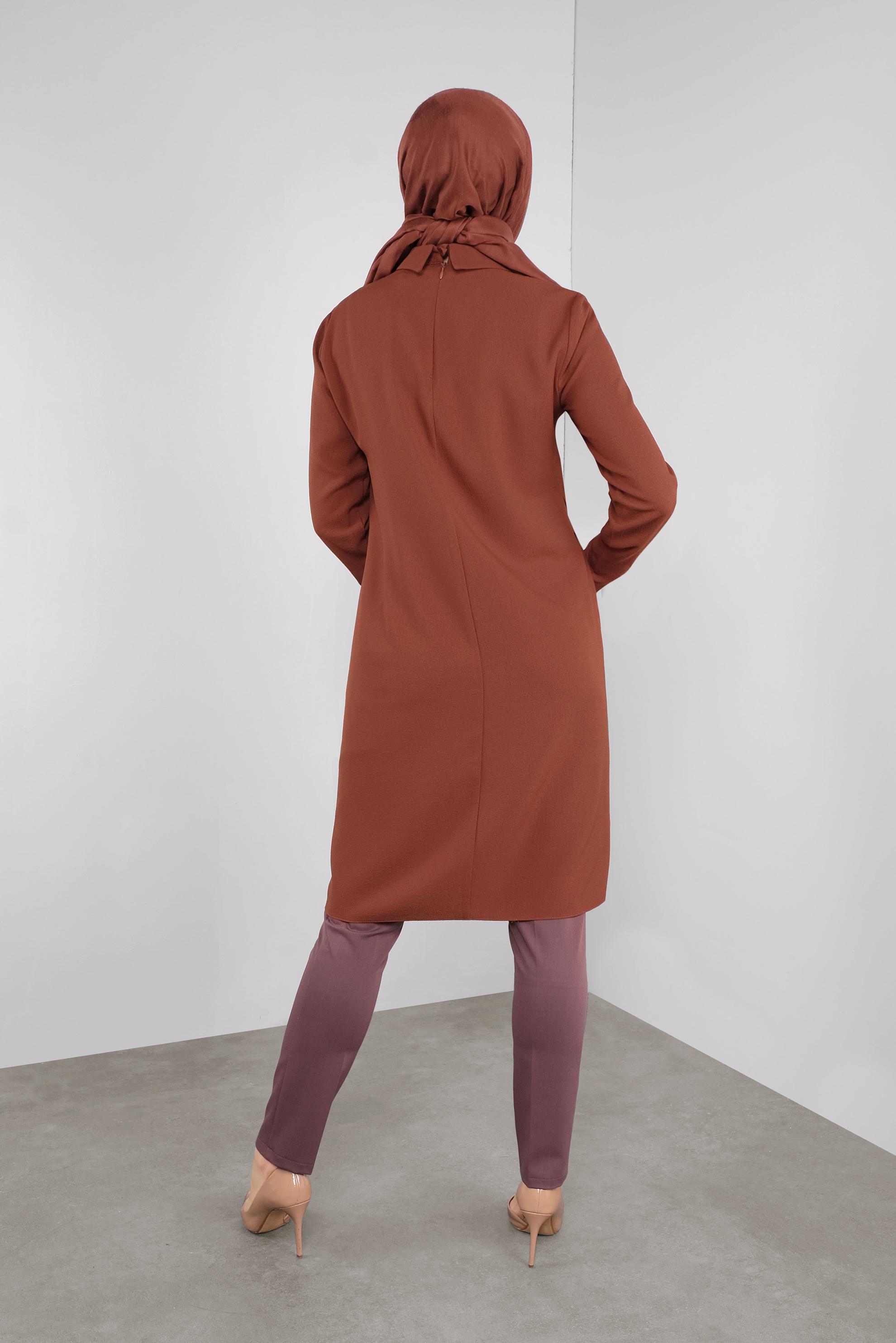 Tesettür giyim TURUNCU NAKIŞLI ASİMETRİK KESİM TUNİK 41294