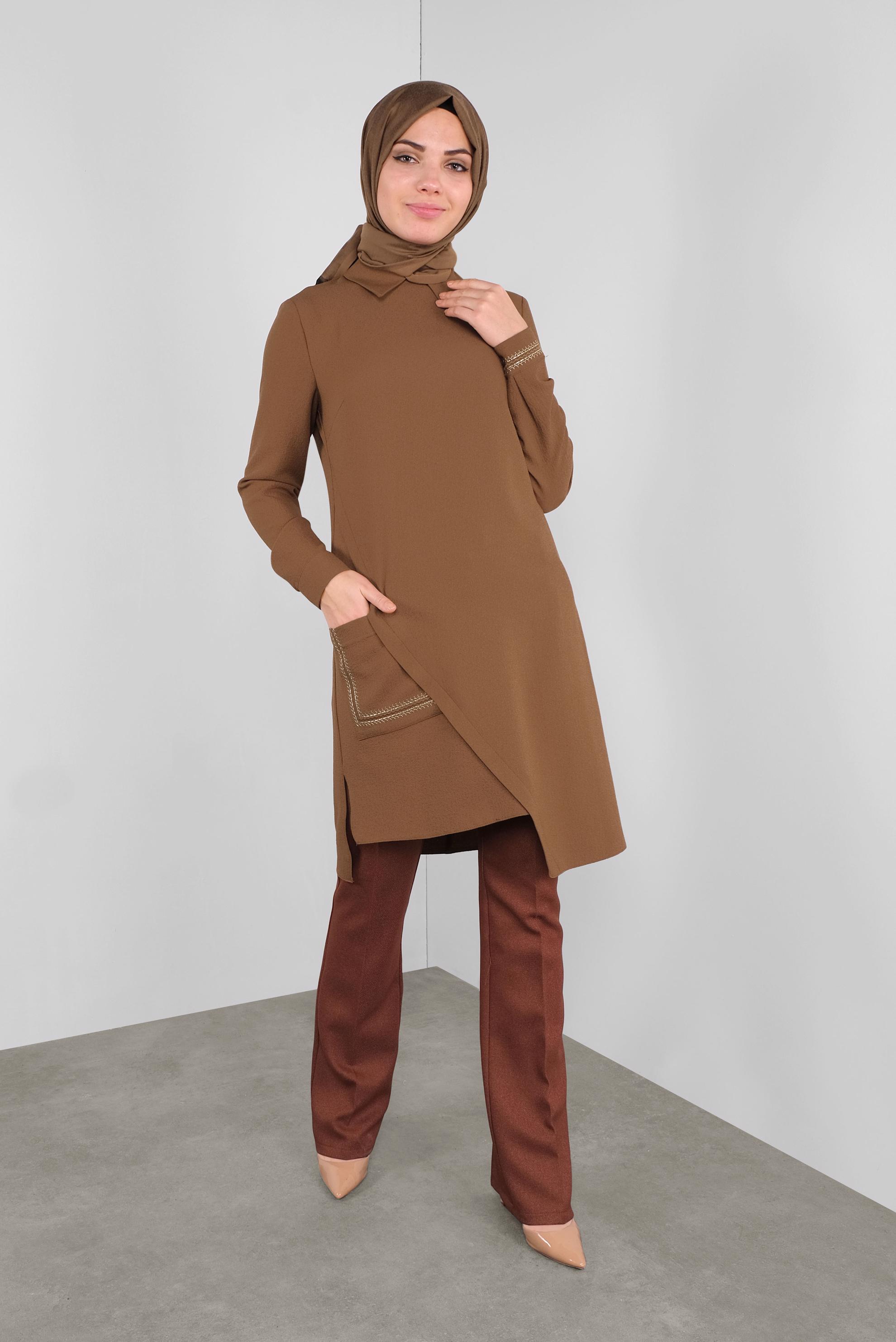 Tesettür giyim TABA NAKIŞLI ASİMETRİK KESİM TUNİK 41294