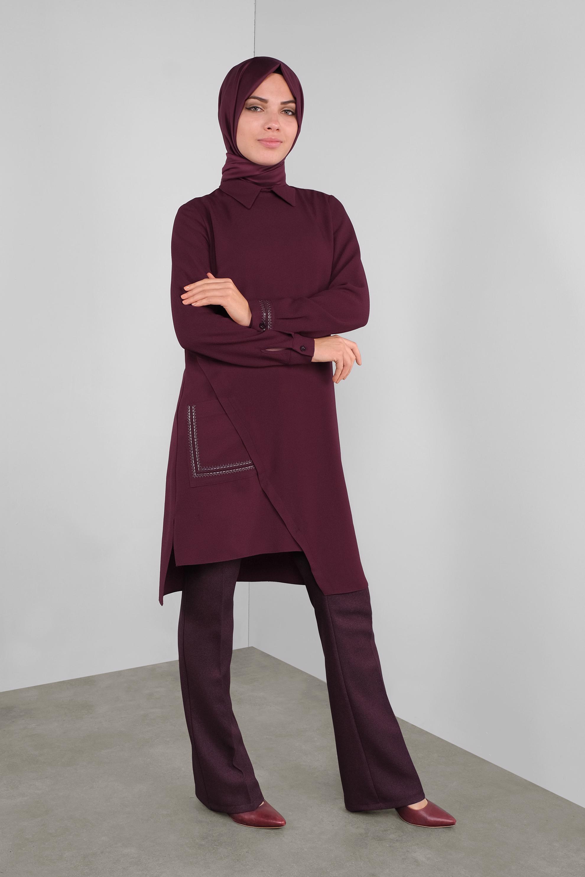 Tesettür giyim BORDO NAKIŞLI ASİMETRİK KESİM TUNİK 41294