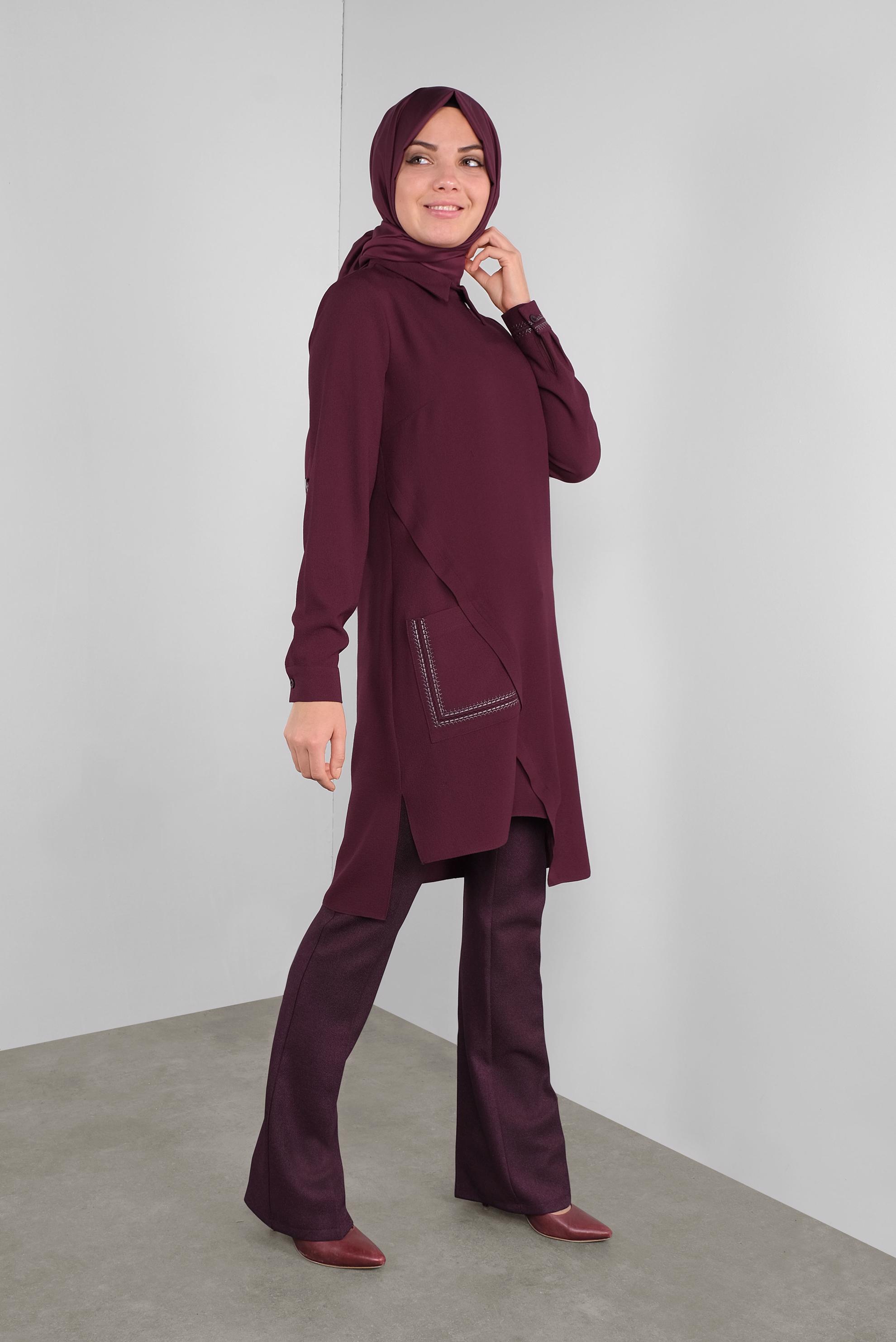 Tesettür giyim BORDO NAKIŞLI ASİMETRİK KESİM TUNİK 41294