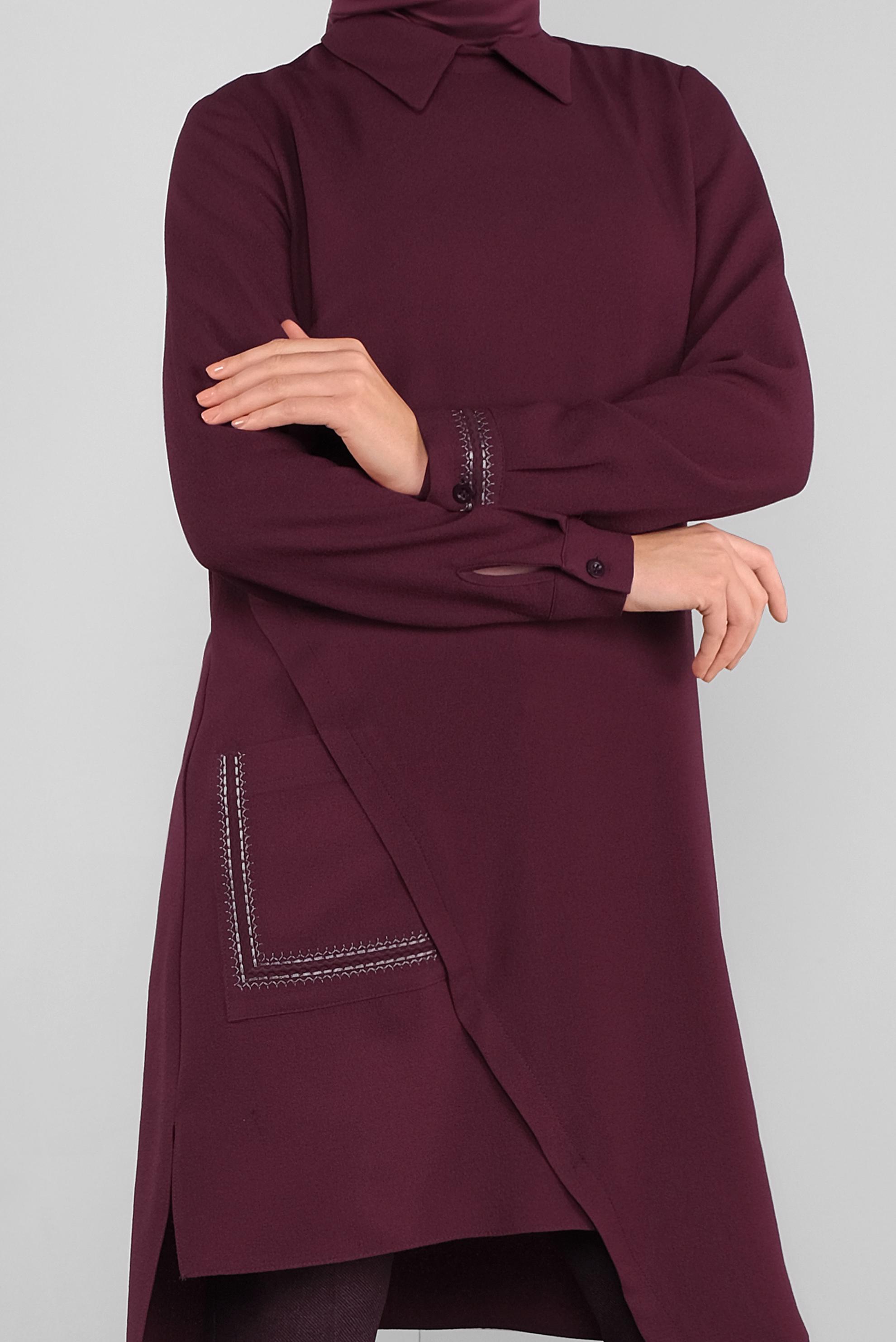 Tesettür giyim BORDO NAKIŞLI ASİMETRİK KESİM TUNİK 41294