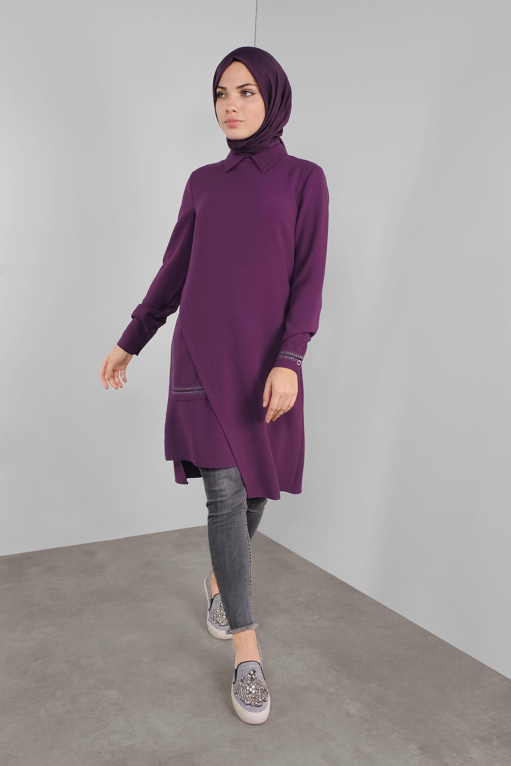 Tesettür giyim MOR NAKIŞLI ASİMETRİK KESİM TUNİK 41294