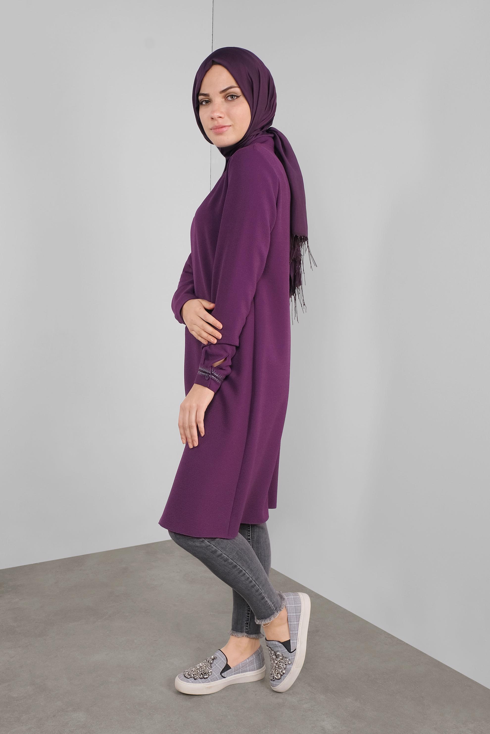 Tesettür giyim MOR NAKIŞLI ASİMETRİK KESİM TUNİK 41294