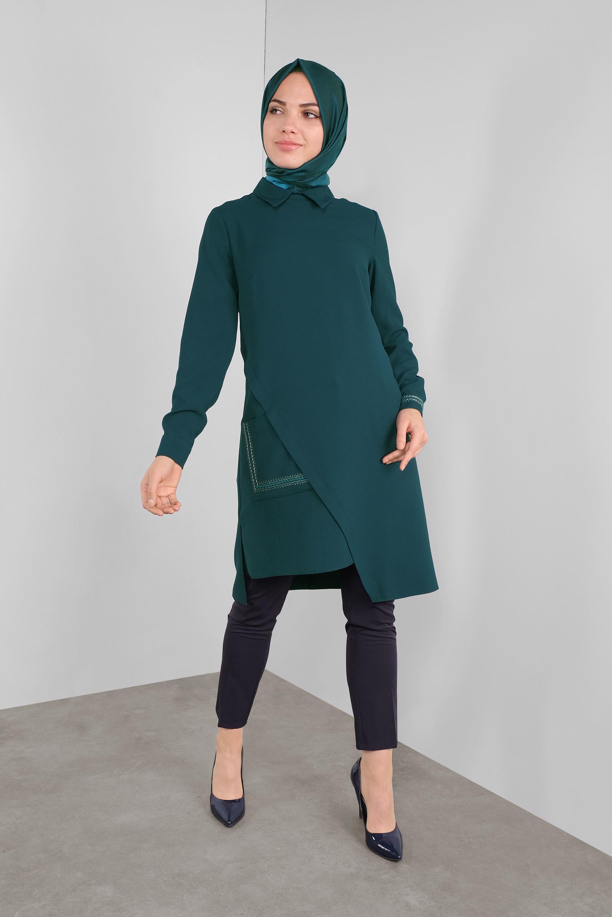 Tesettür giyim YEŞİL NAKIŞLI ASİMETRİK KESİM TUNİK 41294