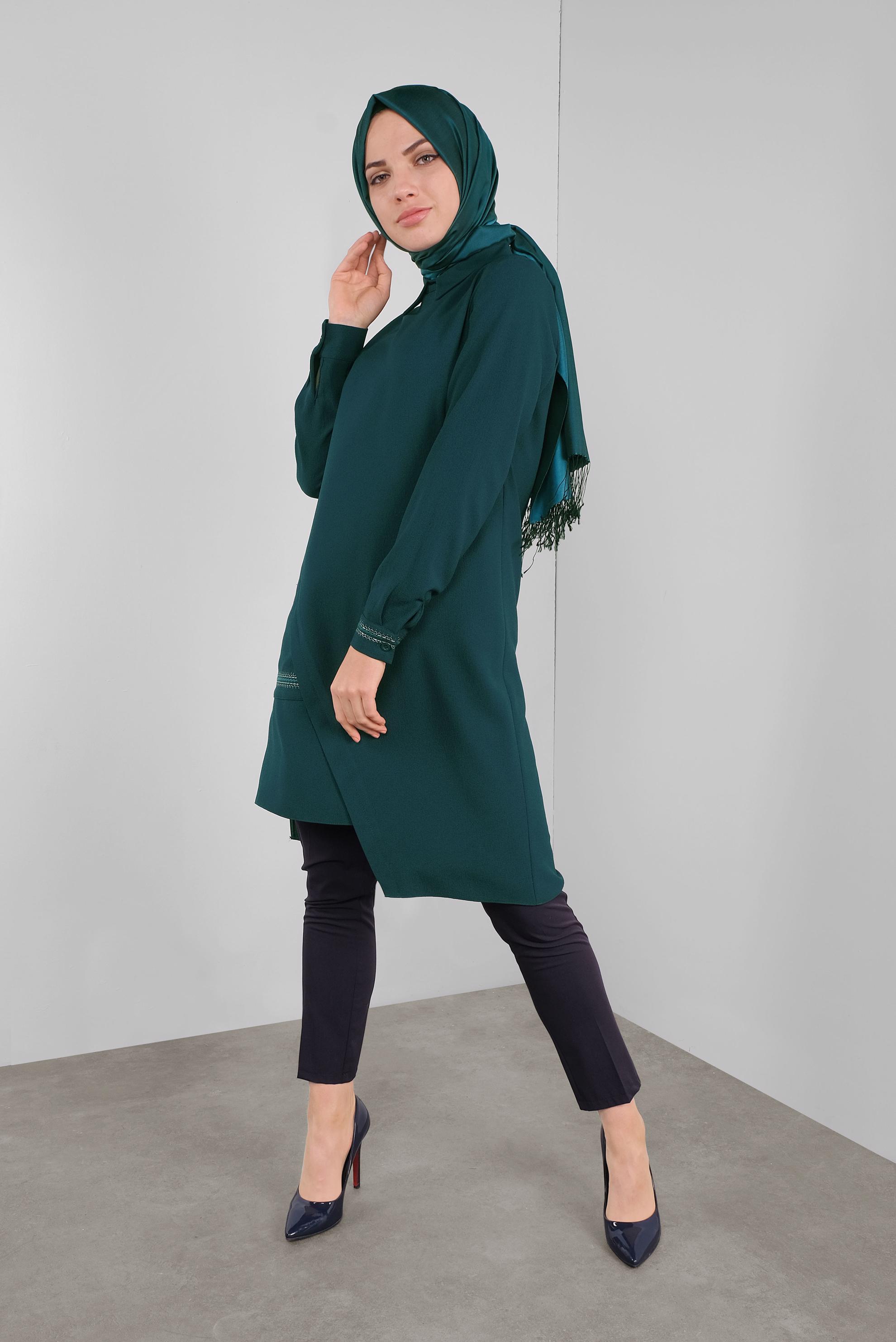 Tesettür giyim YEŞİL NAKIŞLI ASİMETRİK KESİM TUNİK 41294