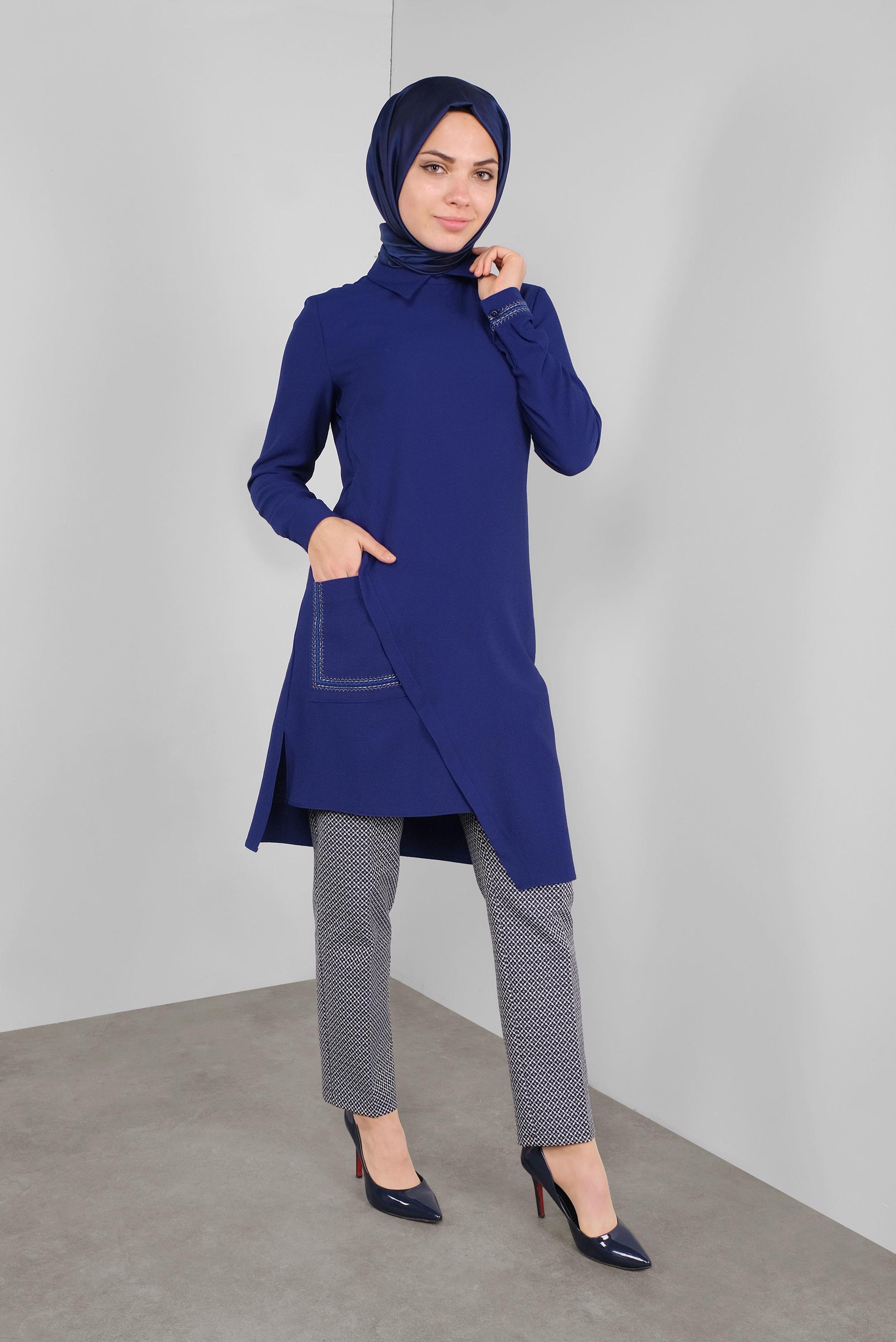 Tesettür giyim MAVİ NAKIŞLI ASİMETRİK KESİM TUNİK 41294