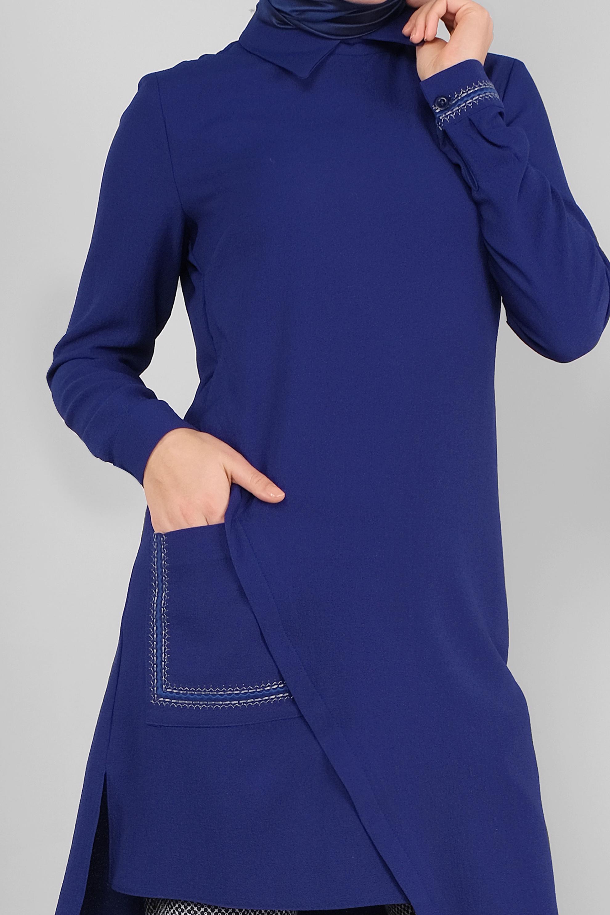 Tesettür giyim MAVİ NAKIŞLI ASİMETRİK KESİM TUNİK 41294