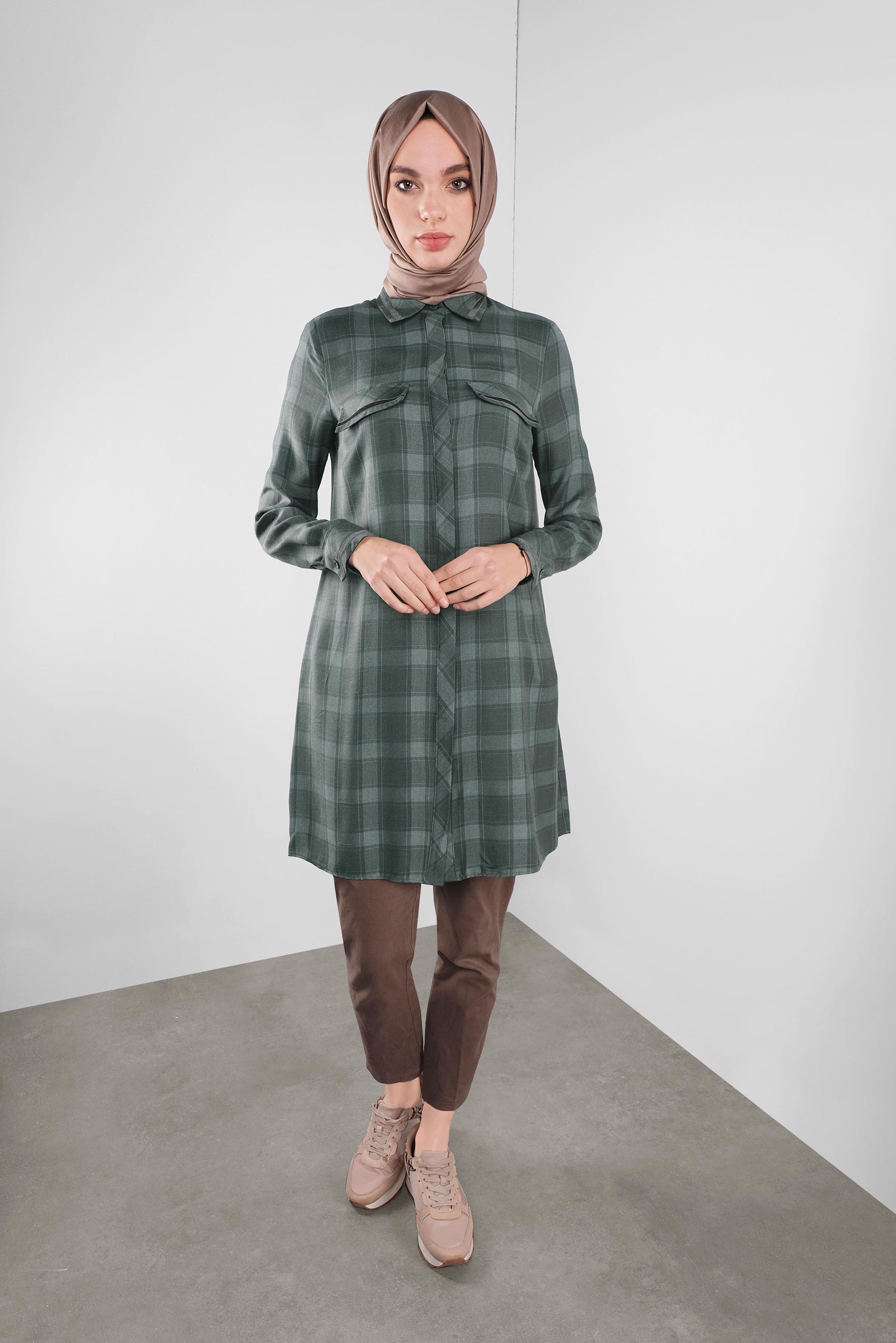 Tesettür giyim YEŞİL KARELİ GİZLİ DÜĞMELİ TUNİK 41295 