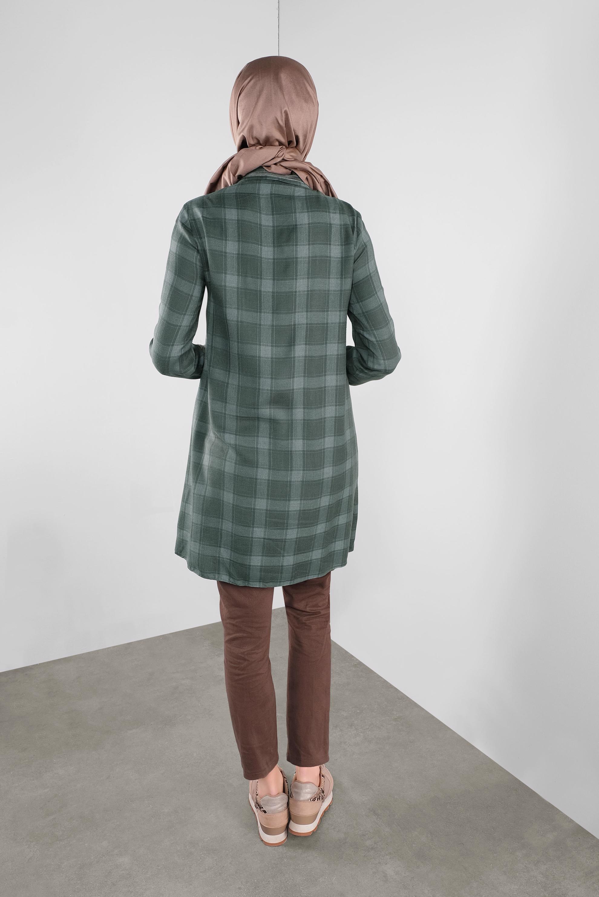 Tesettür giyim YEŞİL KARELİ GİZLİ DÜĞMELİ TUNİK 41295 