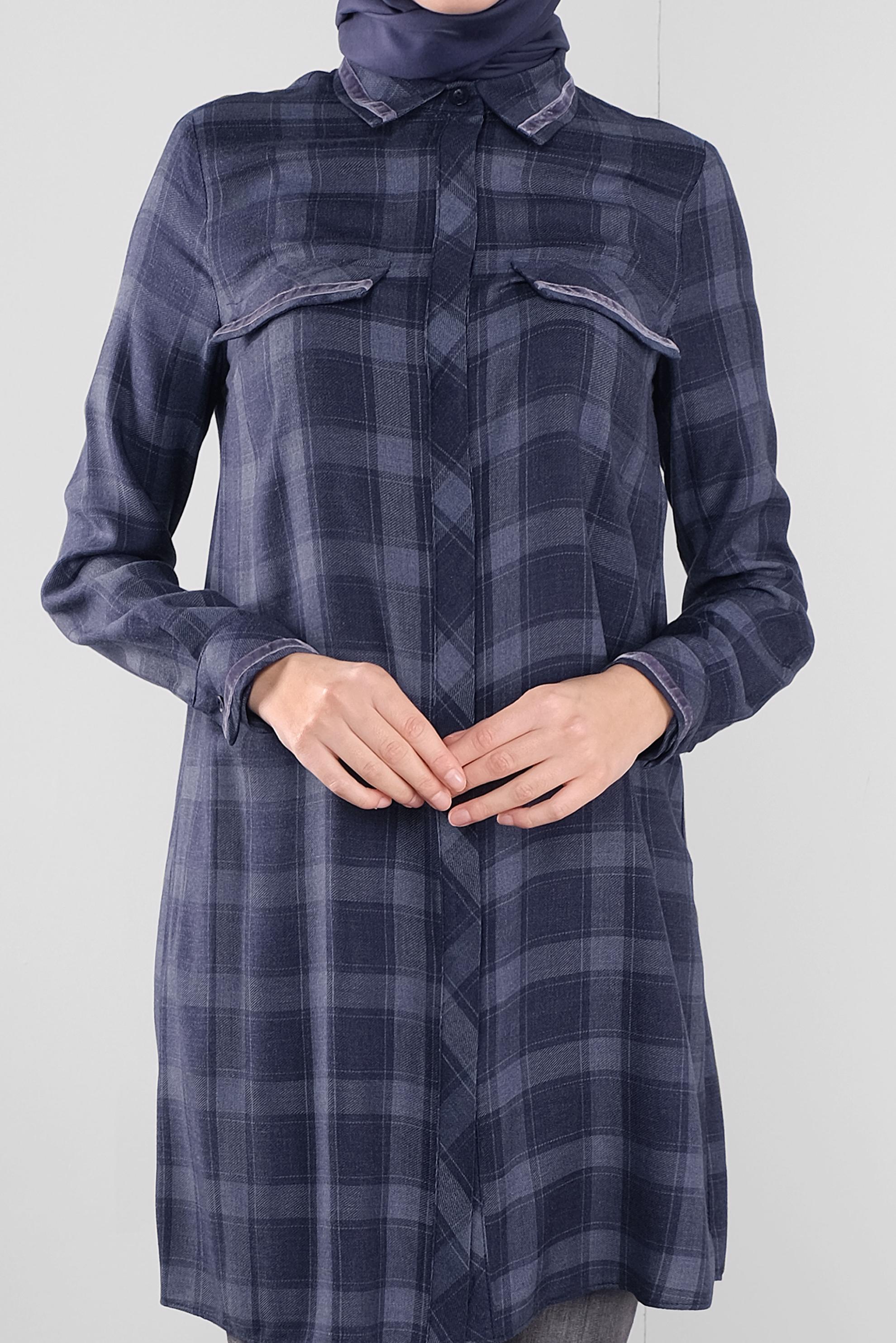 Tesettür giyim LACİVERT KARELİ GİZLİ DÜĞMELİ TUNİK 41295 