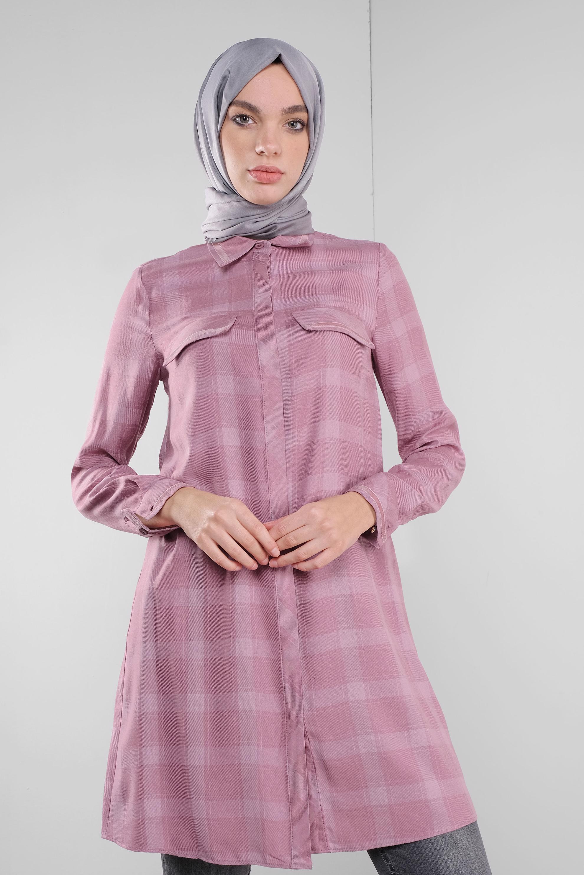 Tesettür giyim PUDRA KARELİ GİZLİ DÜĞMELİ TUNİK 41295 