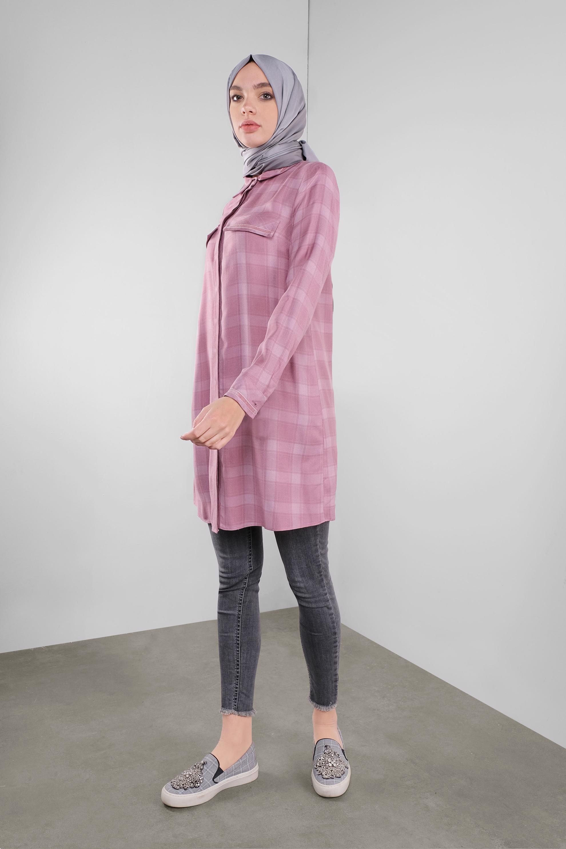 Tesettür giyim PUDRA KARELİ GİZLİ DÜĞMELİ TUNİK 41295 