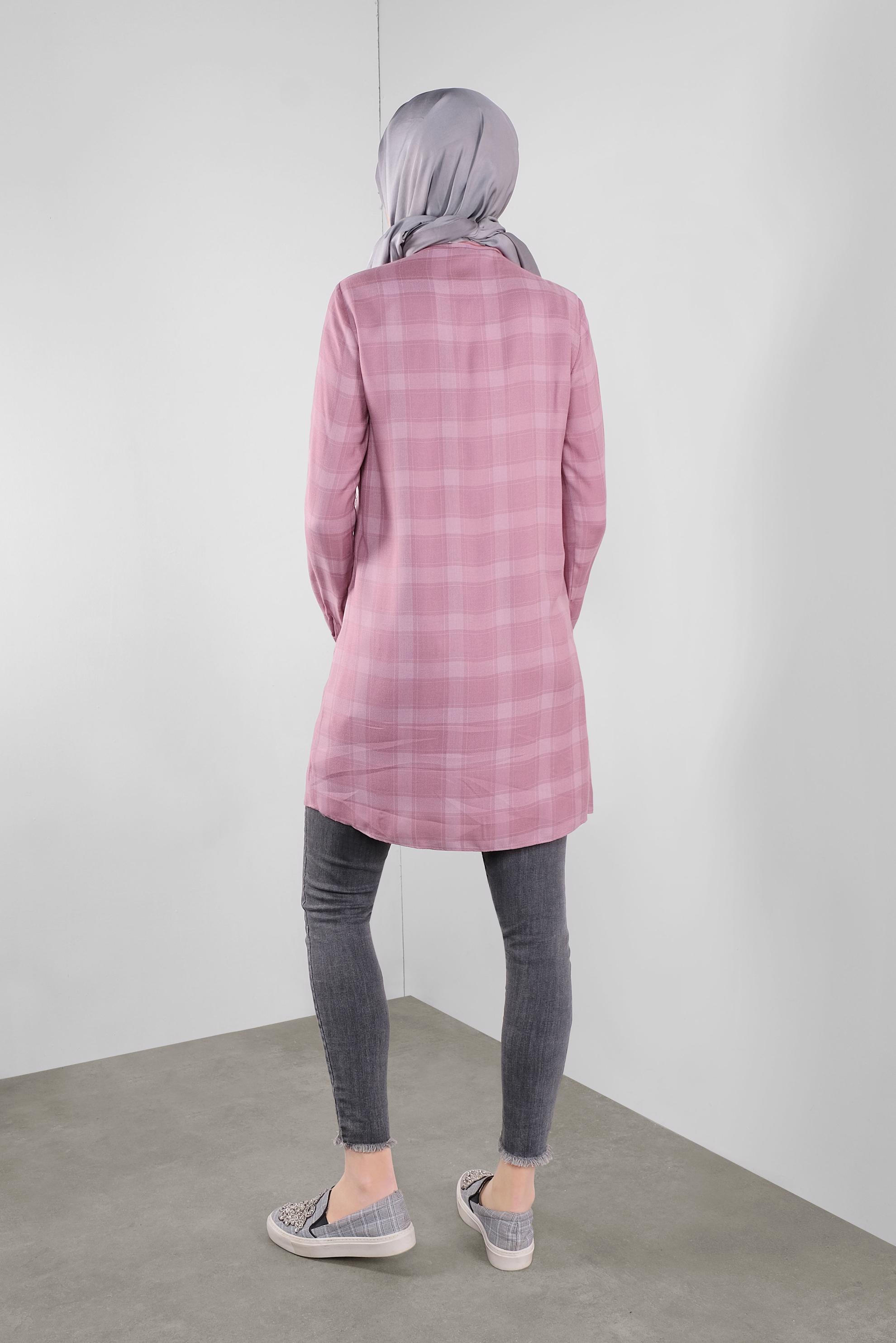 Tesettür giyim PUDRA KARELİ GİZLİ DÜĞMELİ TUNİK 41295 