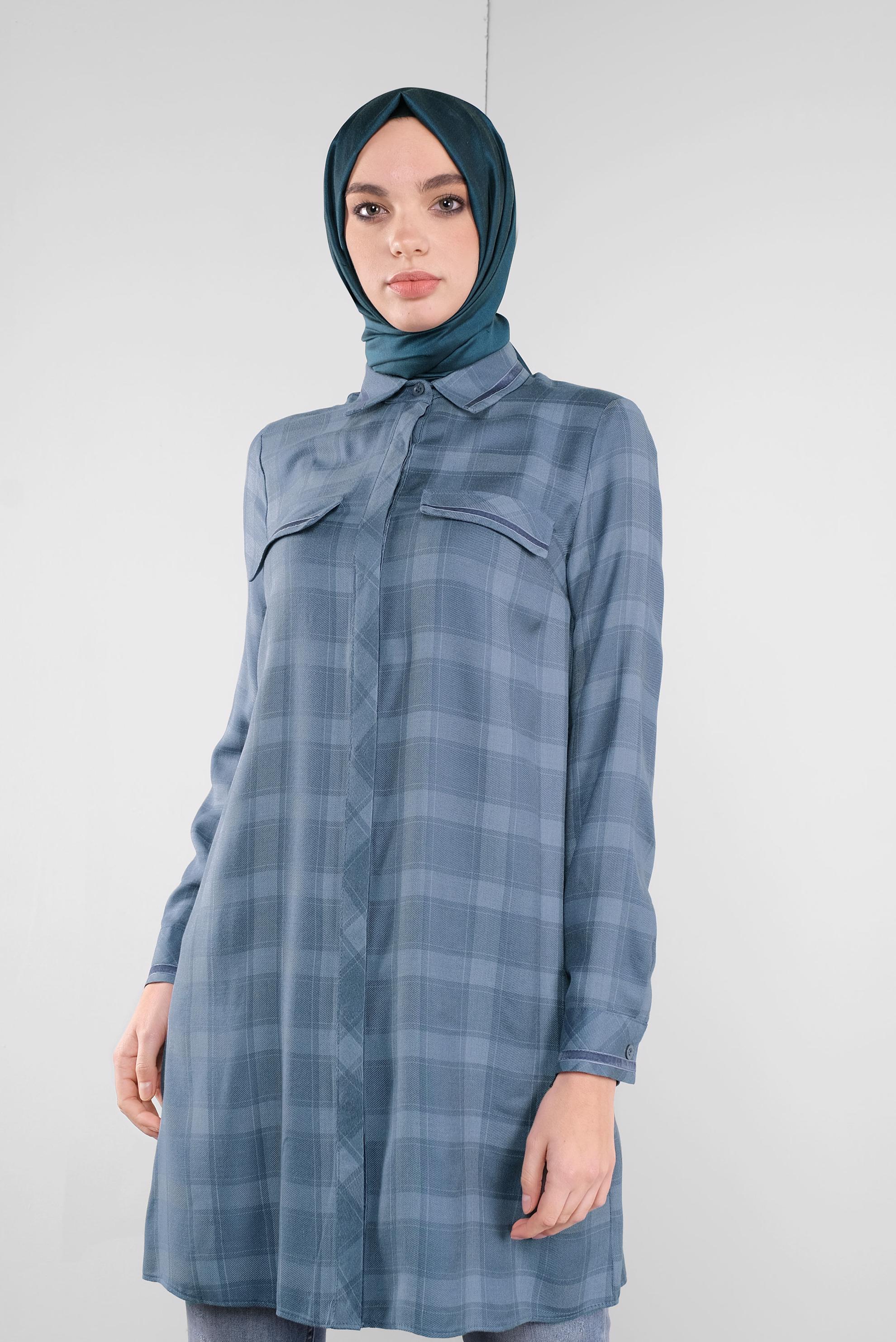 Tesettür giyim LACİVERT KARELİ GİZLİ DÜĞMELİ TUNİK 41295 