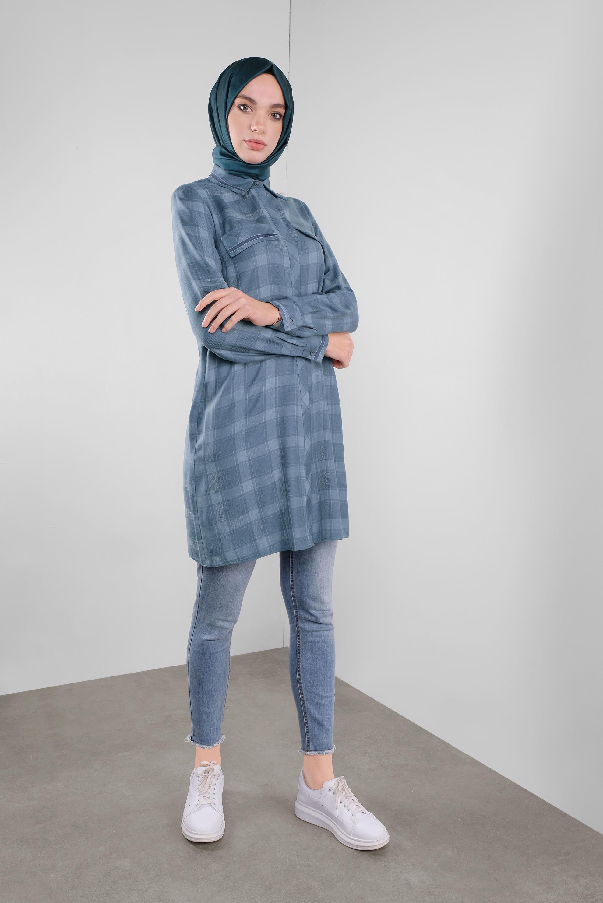 Tesettür giyim LACİVERT KARELİ GİZLİ DÜĞMELİ TUNİK 41295 
