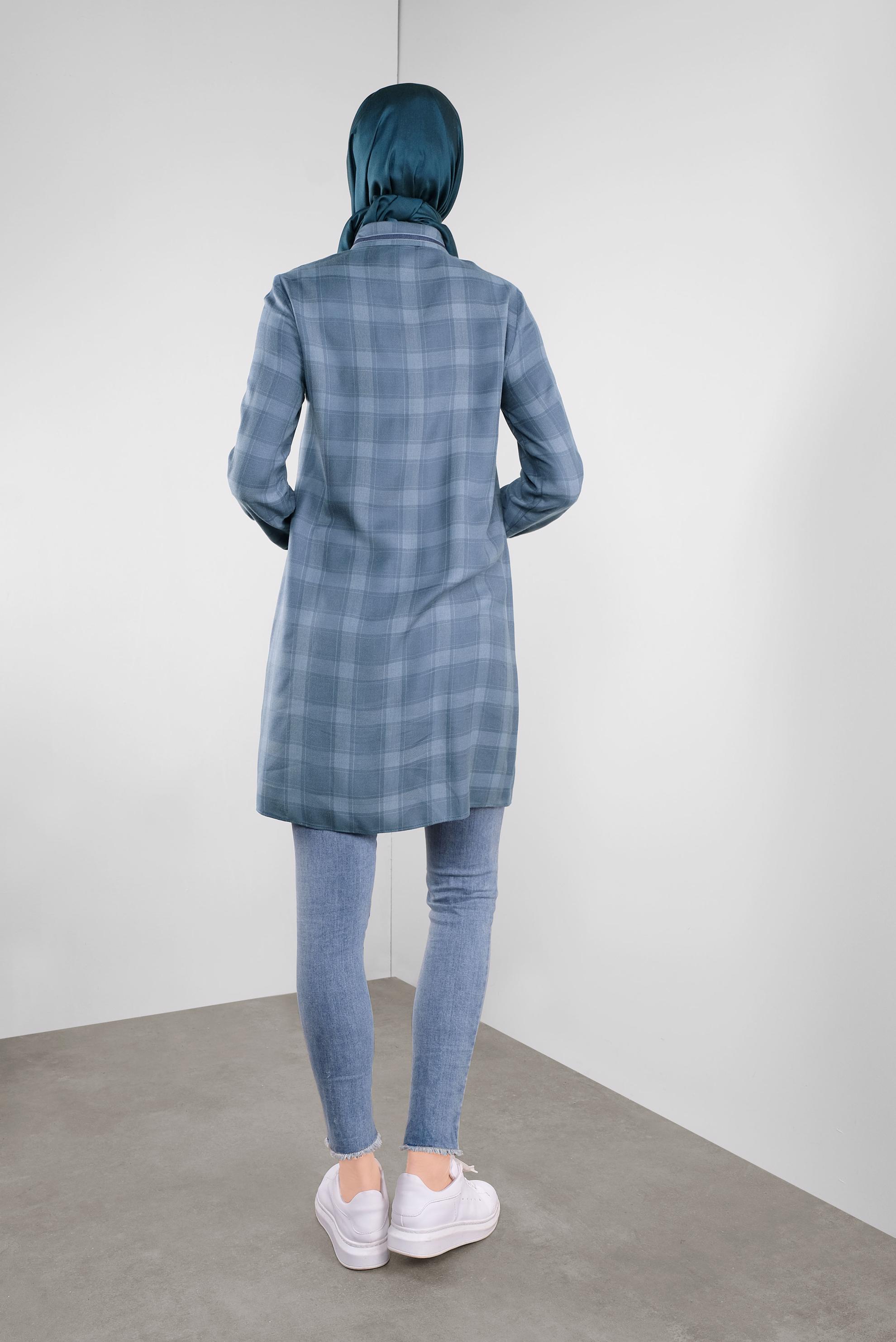 Tesettür giyim LACİVERT KARELİ GİZLİ DÜĞMELİ TUNİK 41295 