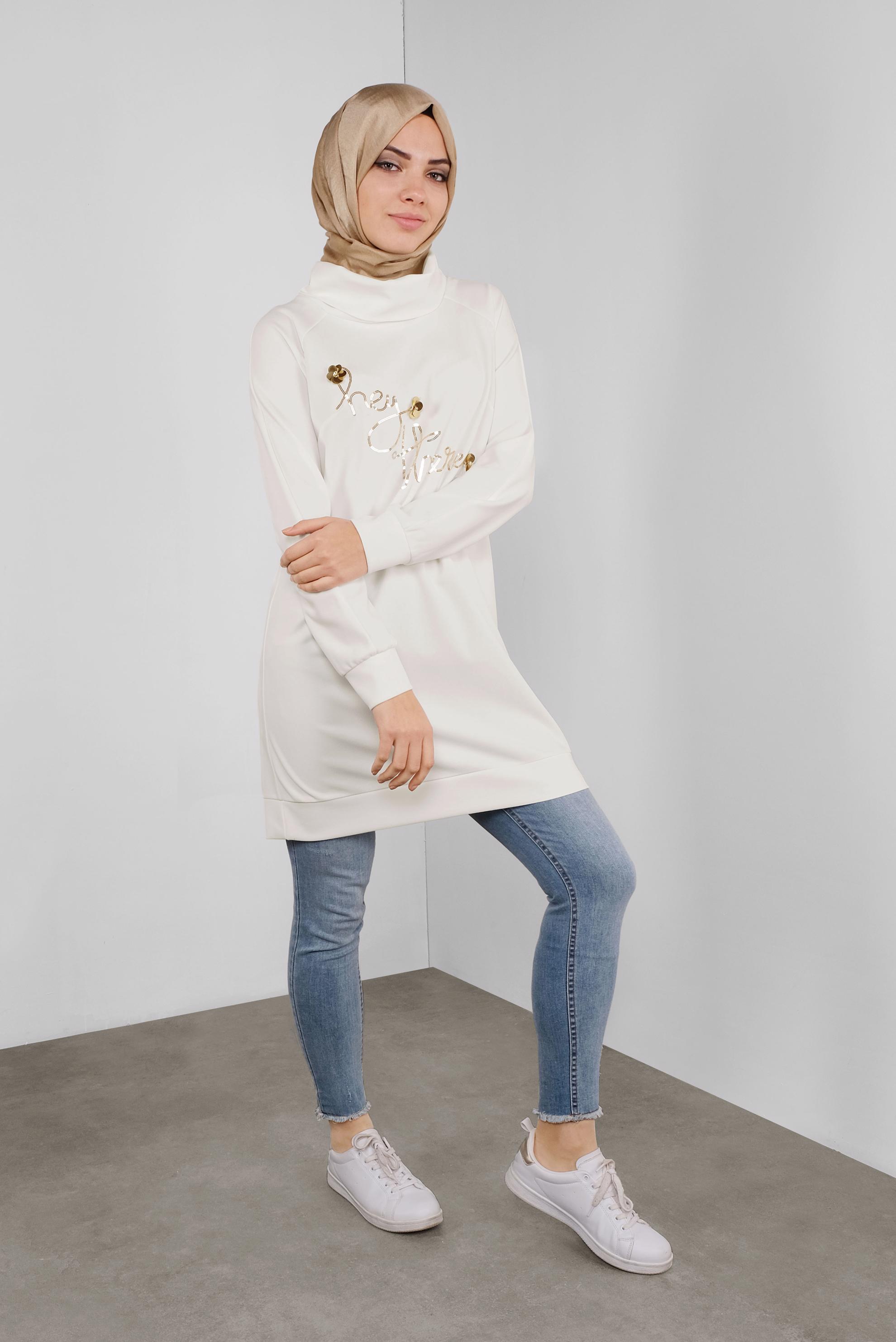 Tesettür giyim BEYAZ PULLU BOĞAZLI TUNİK 41302 