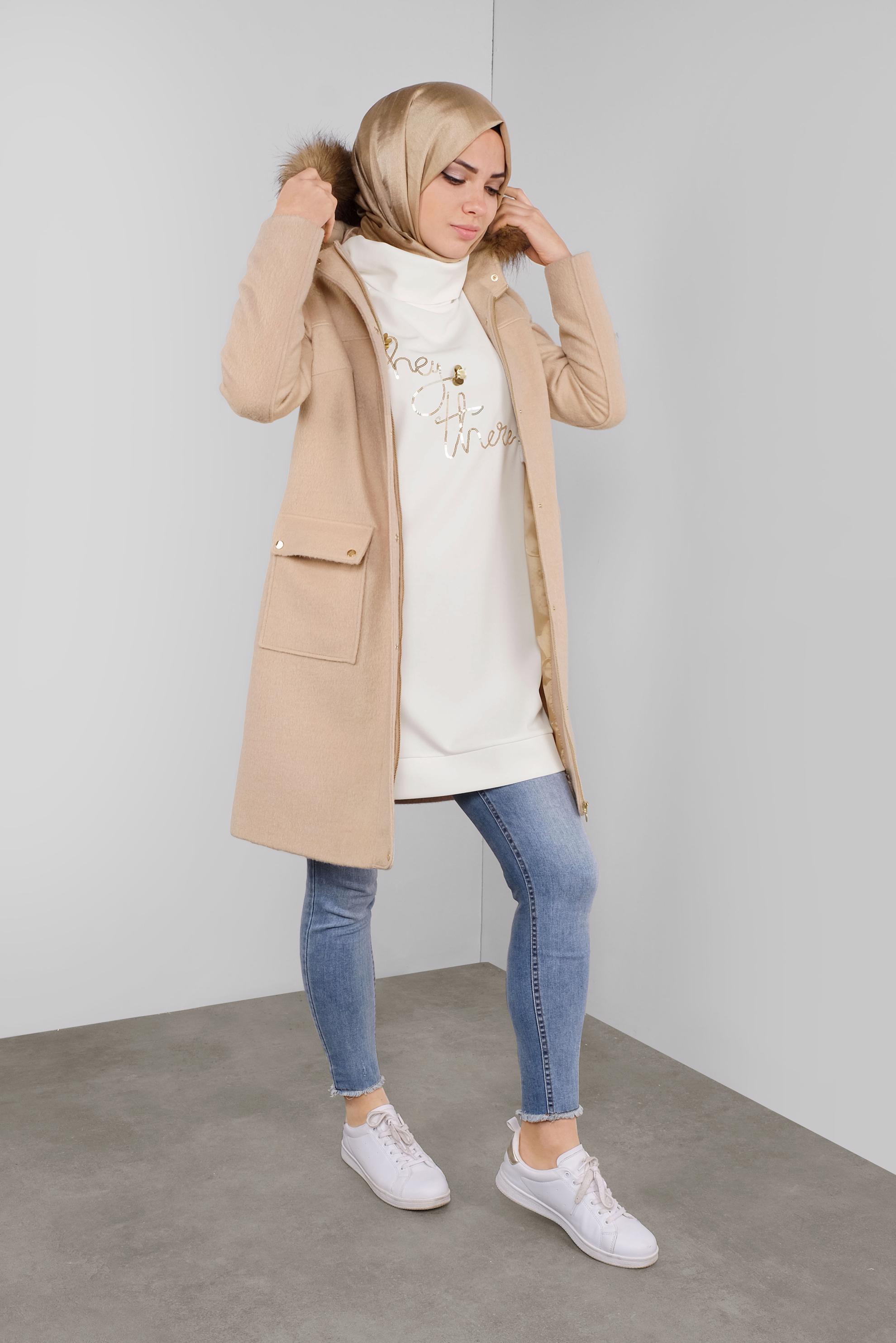 Tesettür giyim BEYAZ PULLU BOĞAZLI TUNİK 41302 