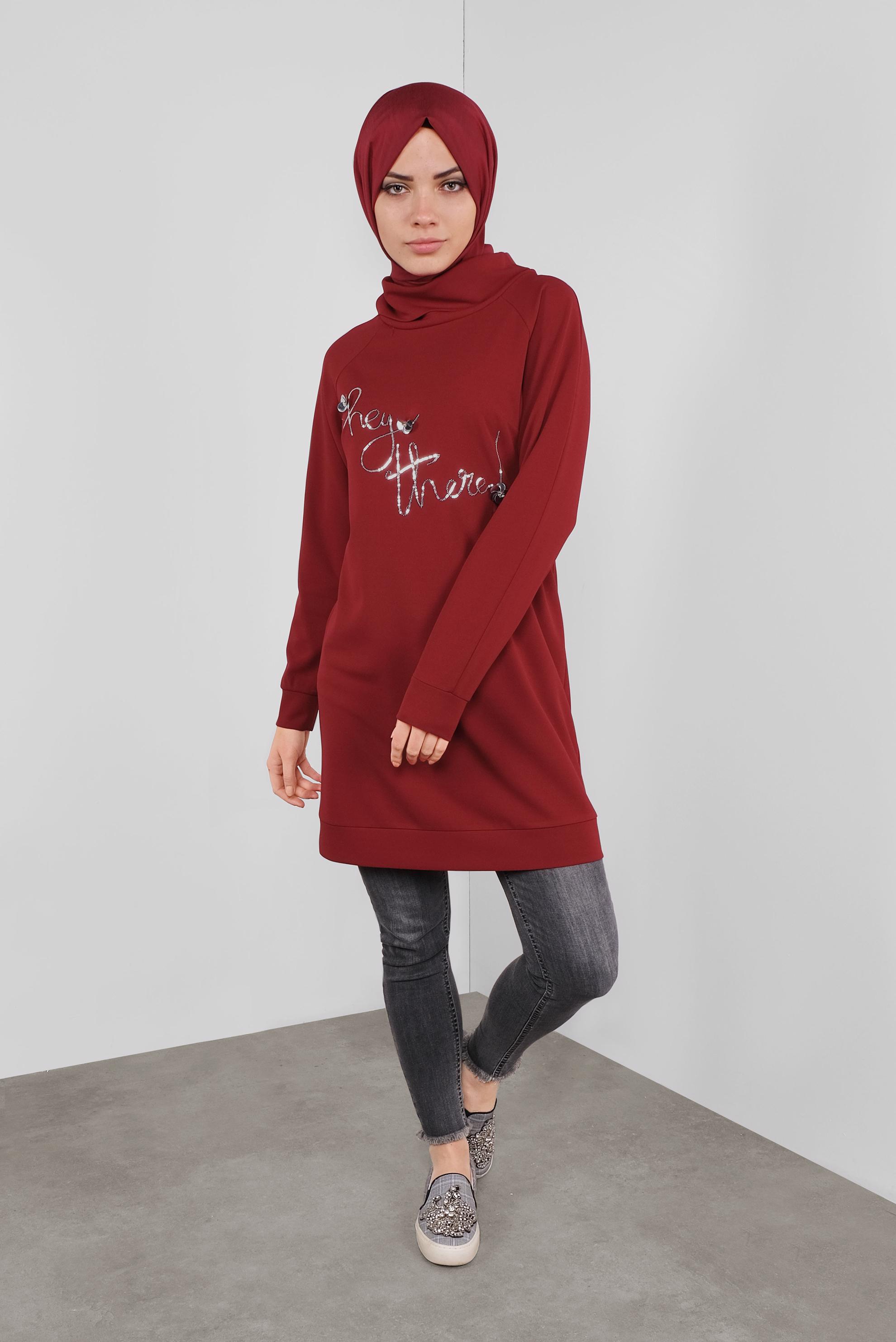 Tesettür giyim KIRMIZI PULLU BOĞAZLI TUNİK 41302 