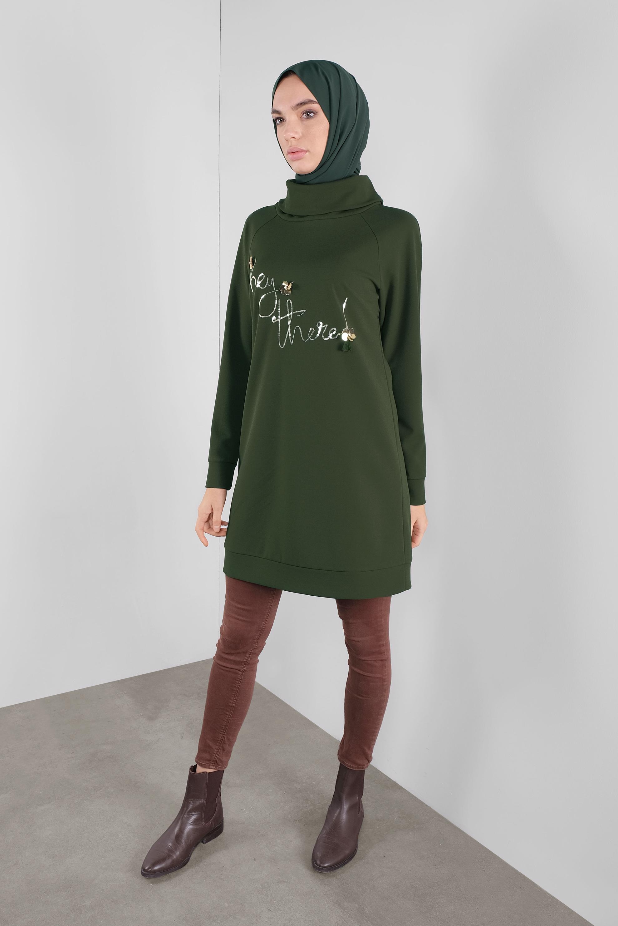 Tesettür giyim HAKİ PULLU BOĞAZLI TUNİK 41302 