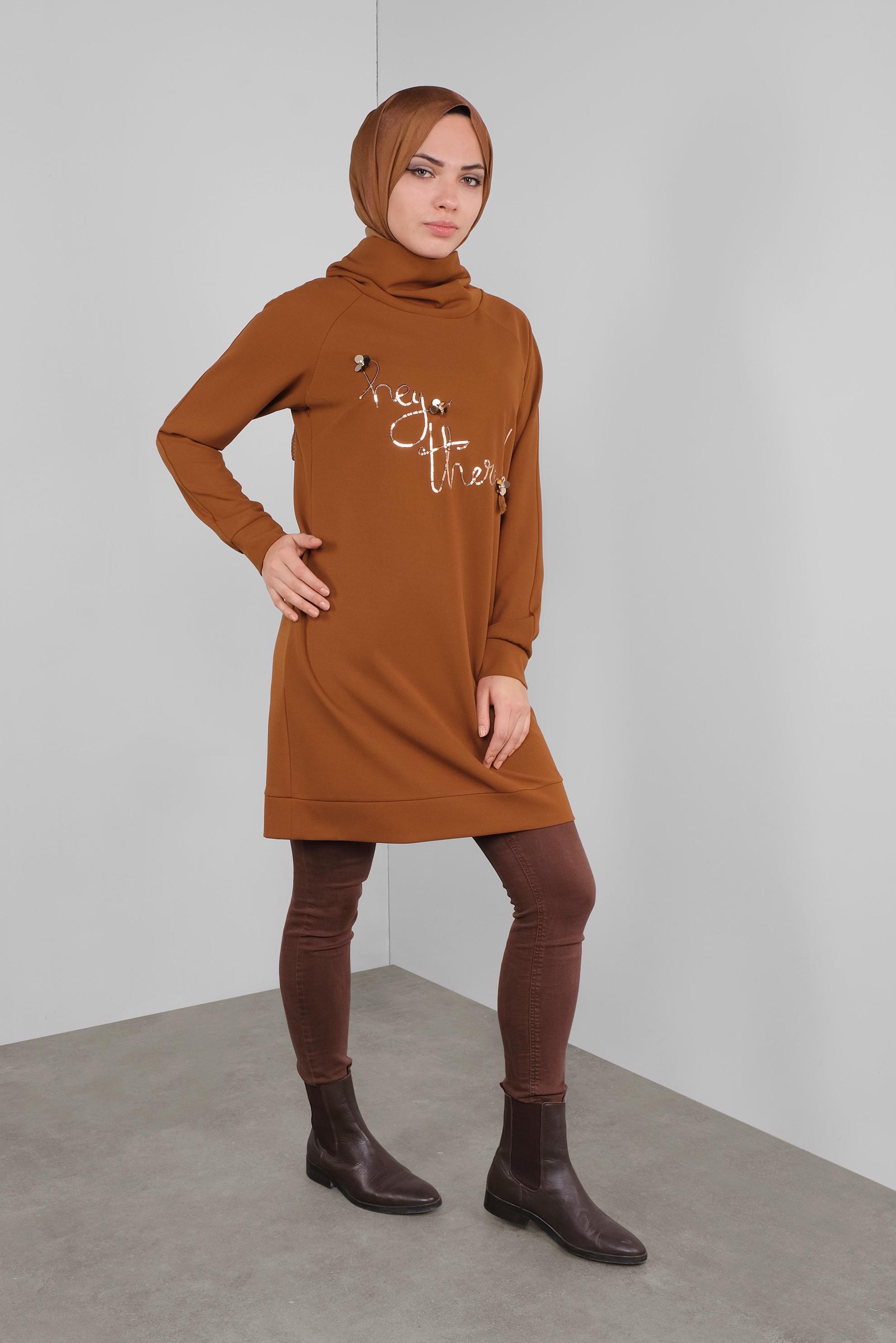 Tesettür giyim KAHVE PULLU BOĞAZLI TUNİK 41302 