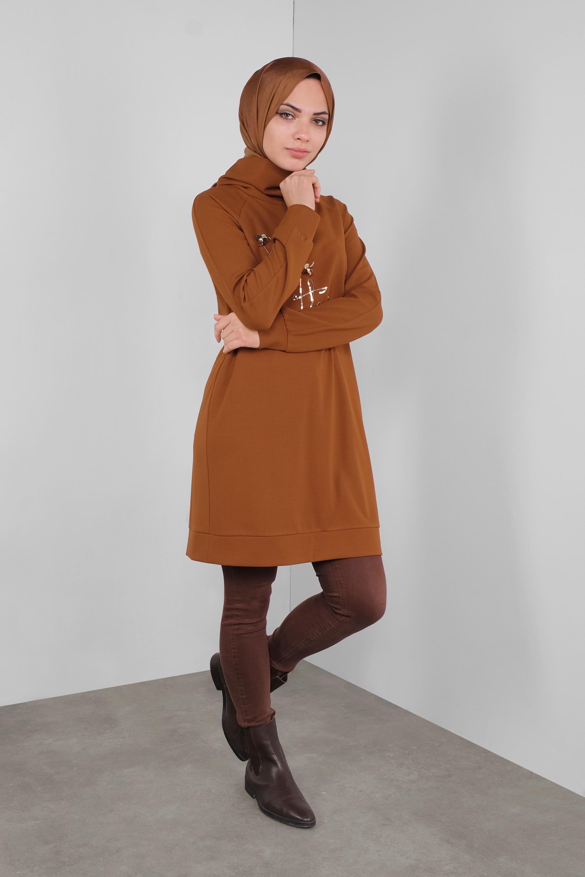 Tesettür giyim KAHVE PULLU BOĞAZLI TUNİK 41302 