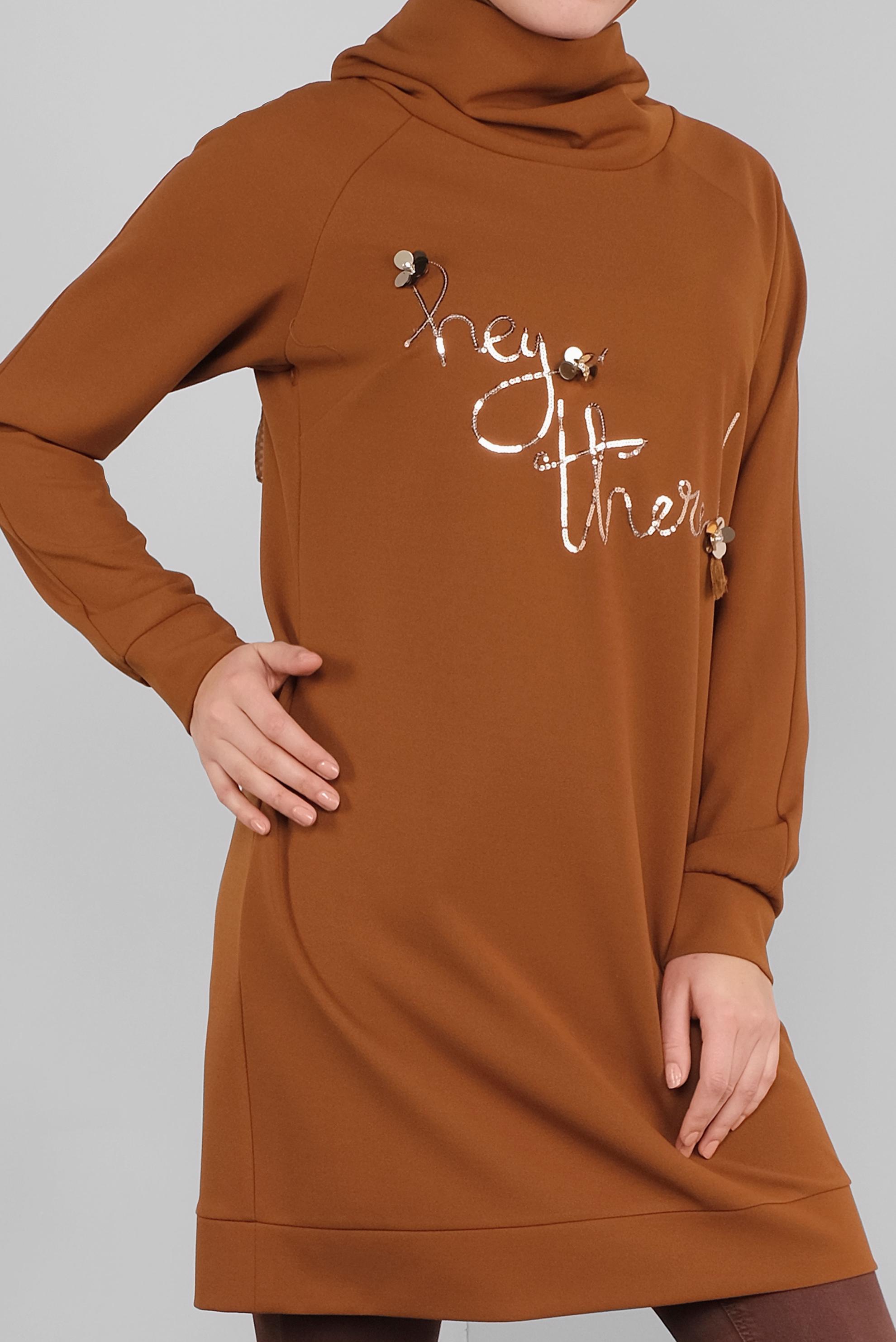 Tesettür giyim KAHVE PULLU BOĞAZLI TUNİK 41302 