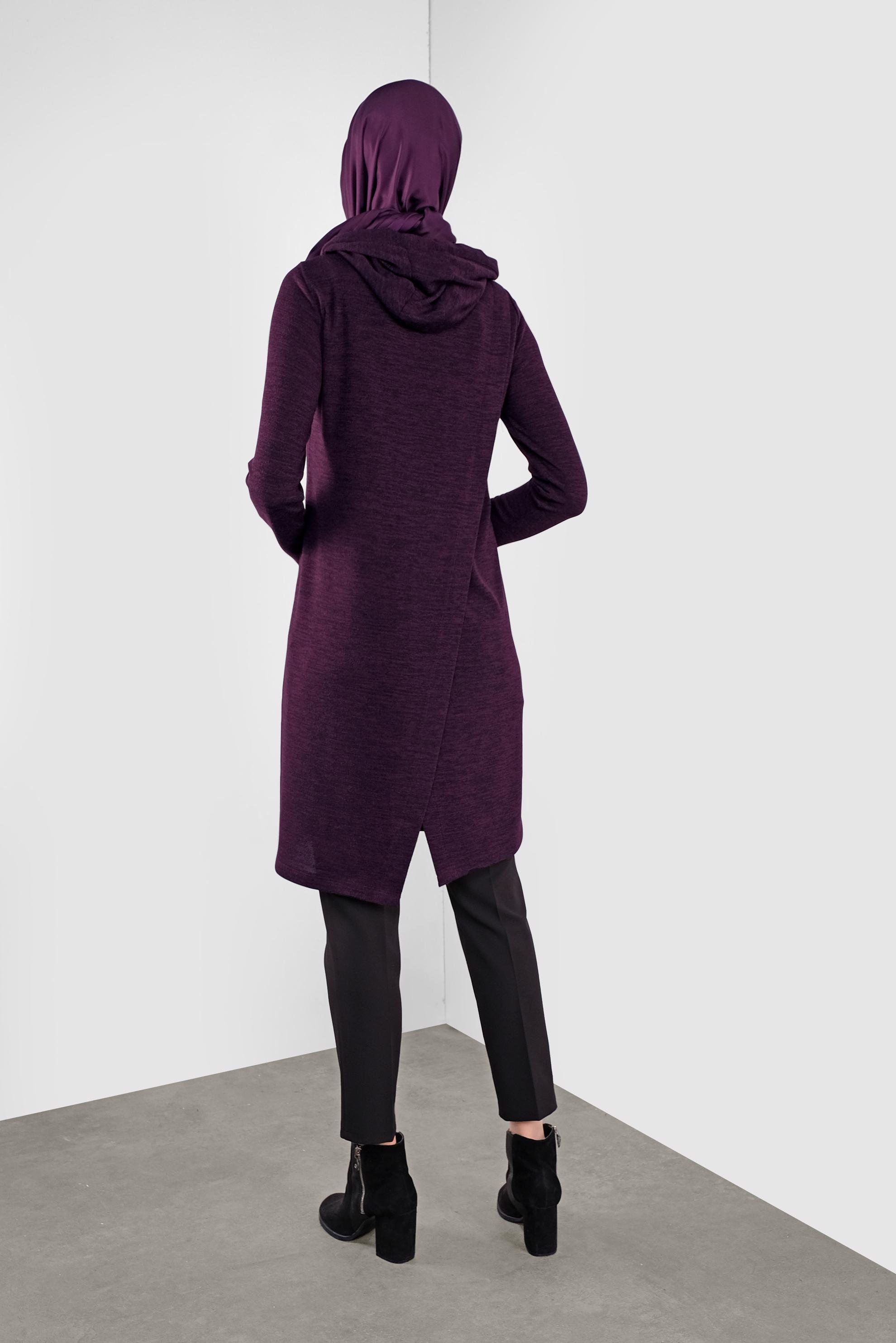 Tesettür giyim MÜRDÜM KAPÜŞONLU BAĞCIKLARI TÜYLÜ TRİKO TUNİK 41303