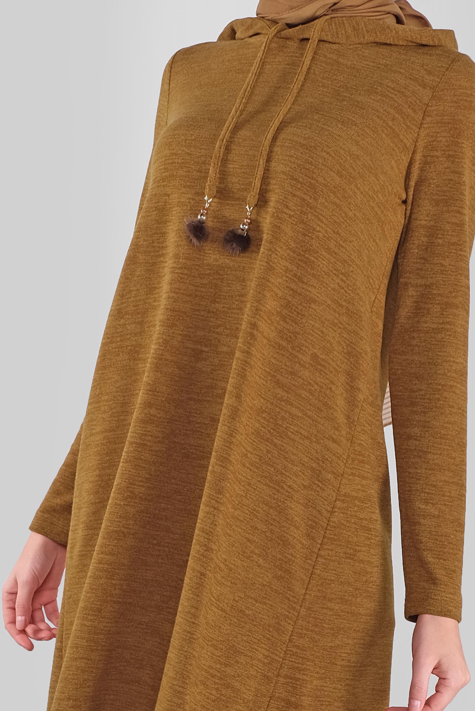 Tesettür giyim TABA KAPÜŞONLU BAĞCIKLARI TÜYLÜ TRİKO TUNİK 41303