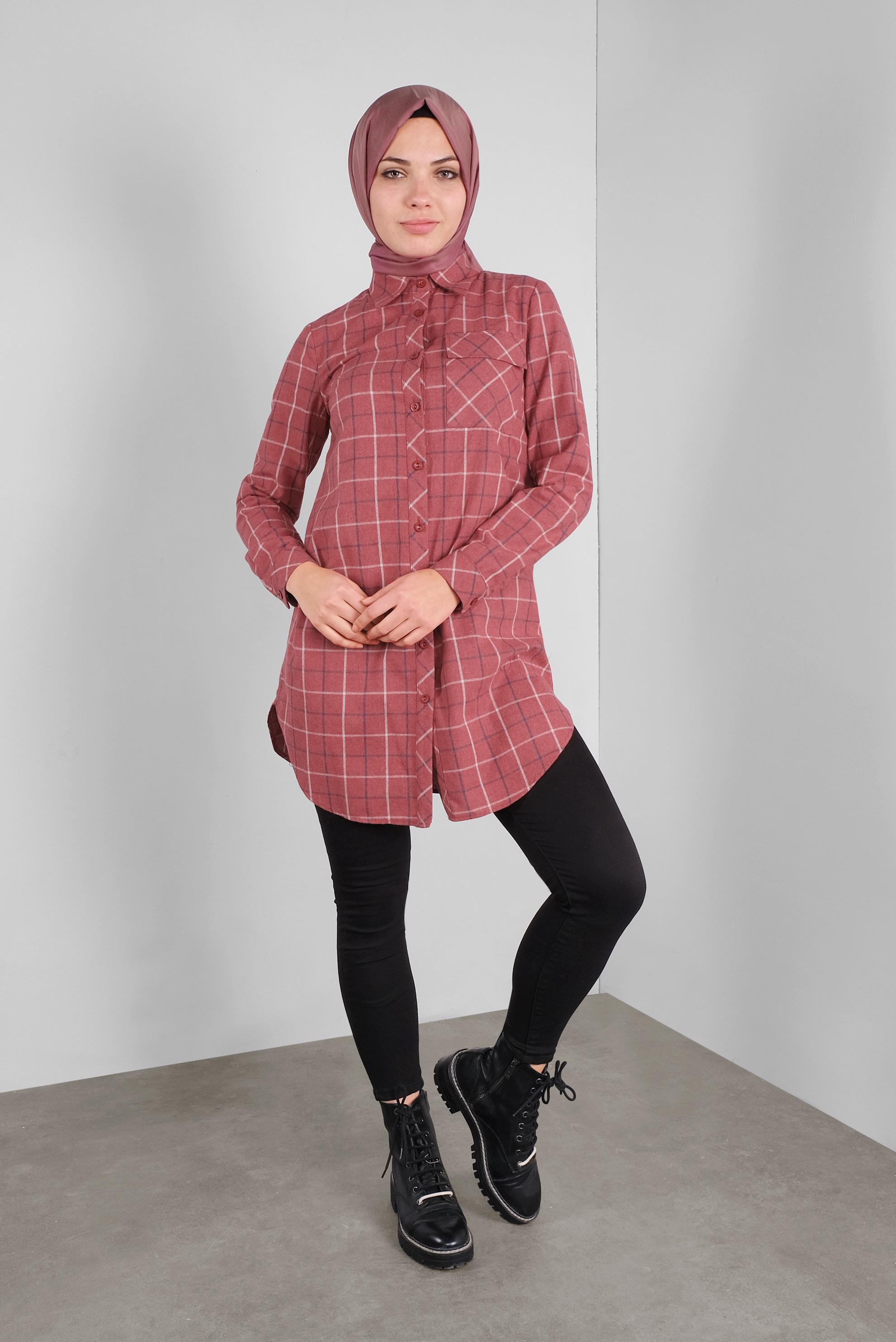 Tesettür giyim KIRMIZI PAMUKLU EKOSELİ TUNİK 41304 
