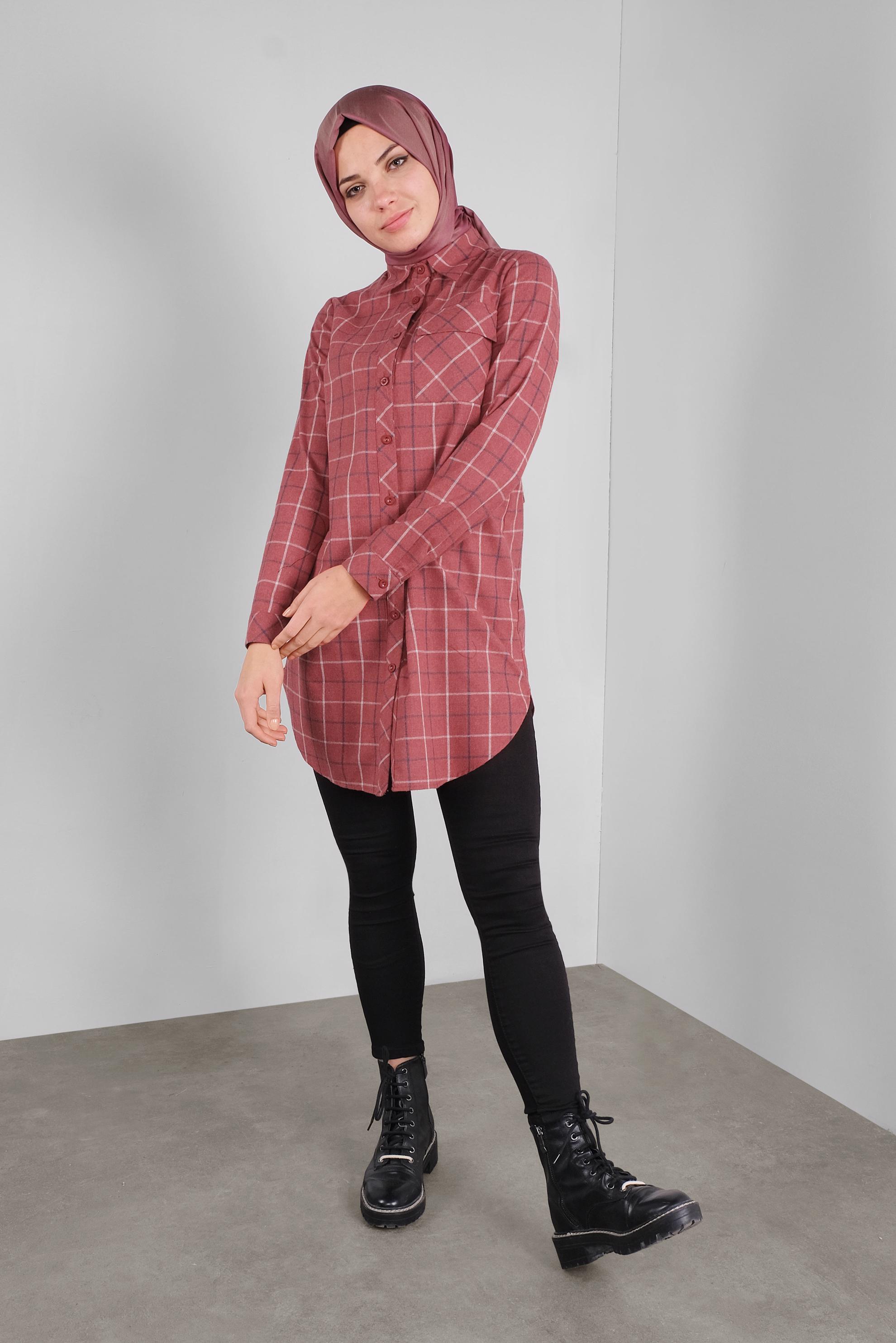 Tesettür giyim KIRMIZI PAMUKLU EKOSELİ TUNİK 41304 