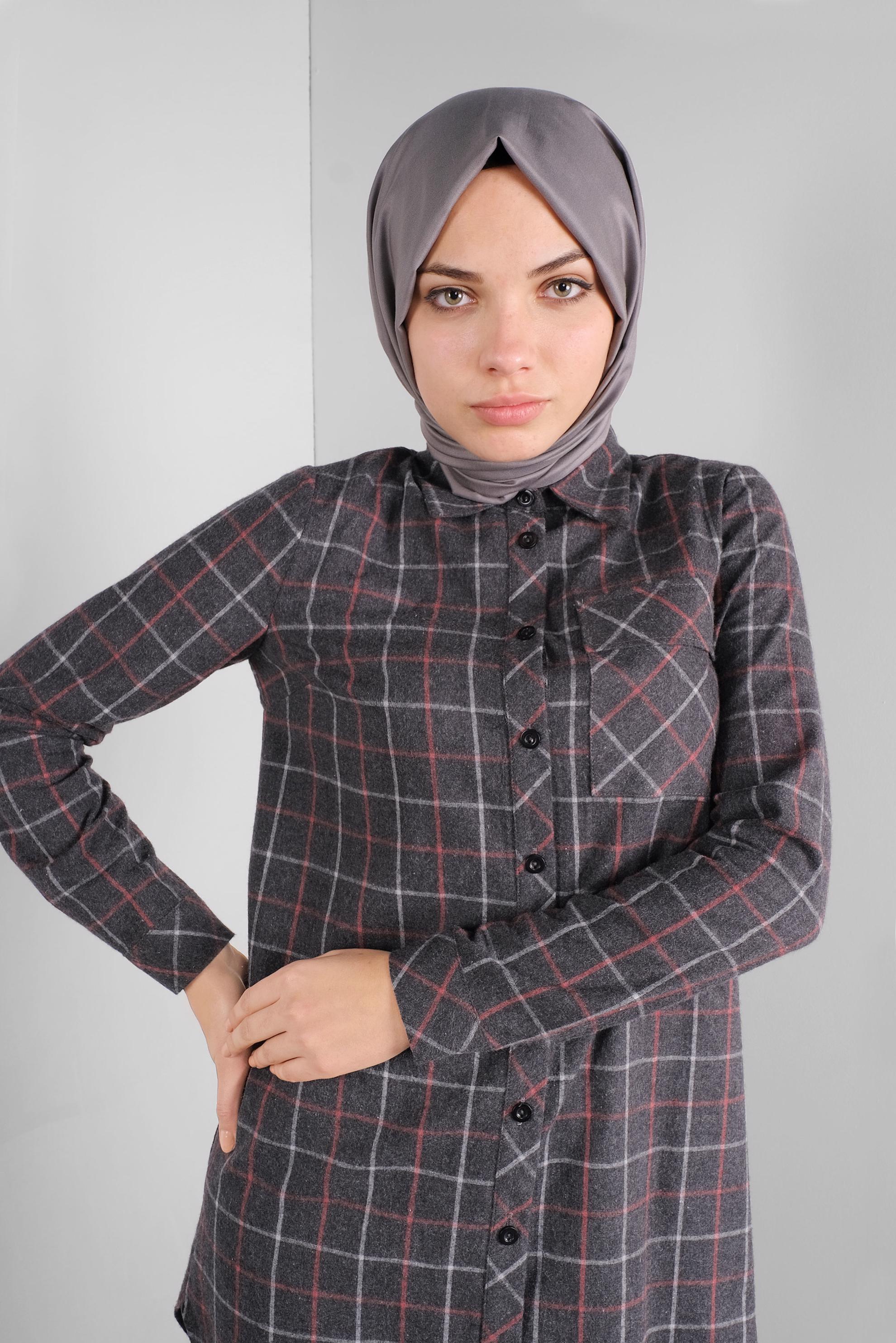 Tesettür giyim GRİ PAMUKLU EKOSELİ TUNİK 41304 