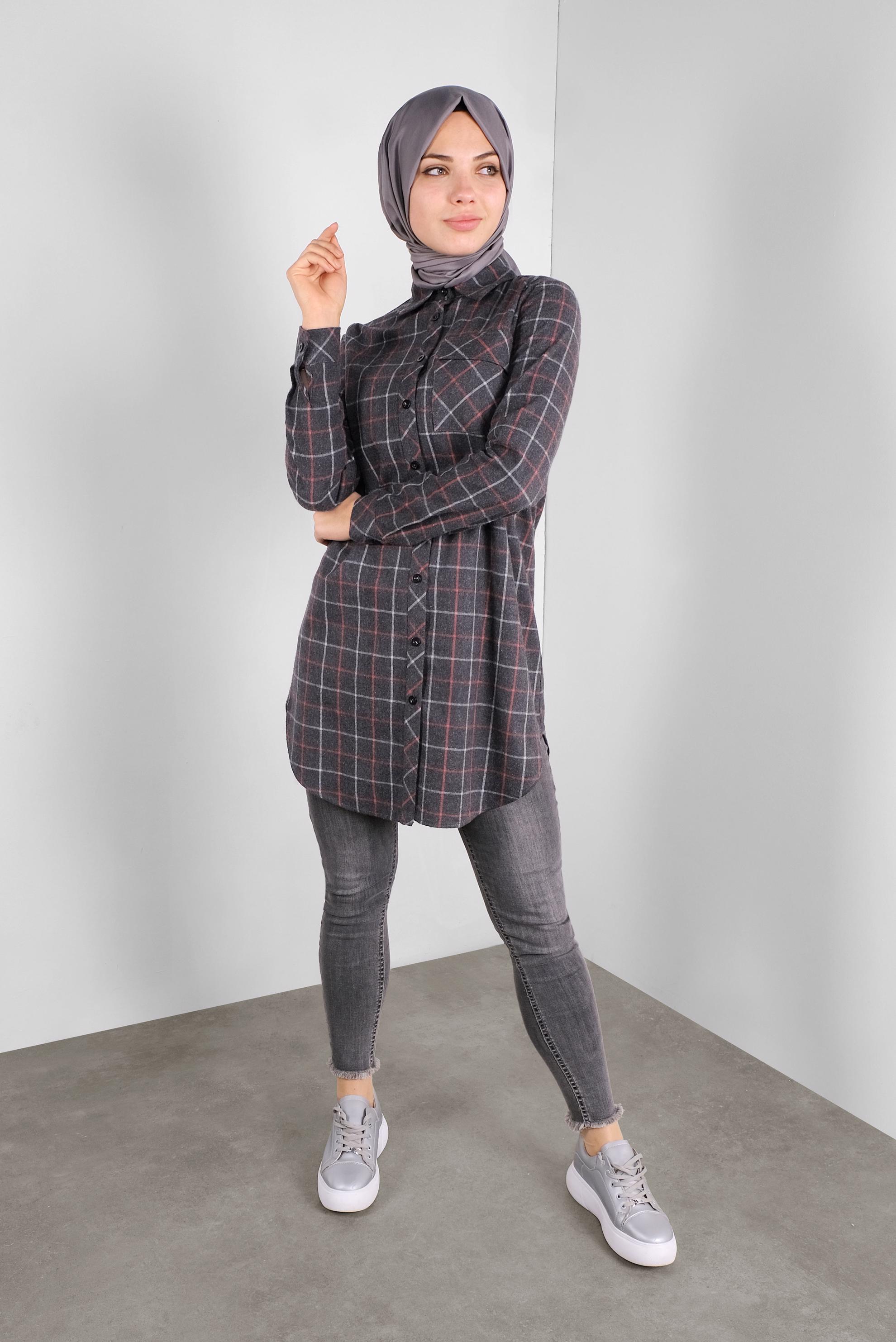 Tesettür giyim GRİ PAMUKLU EKOSELİ TUNİK 41304 