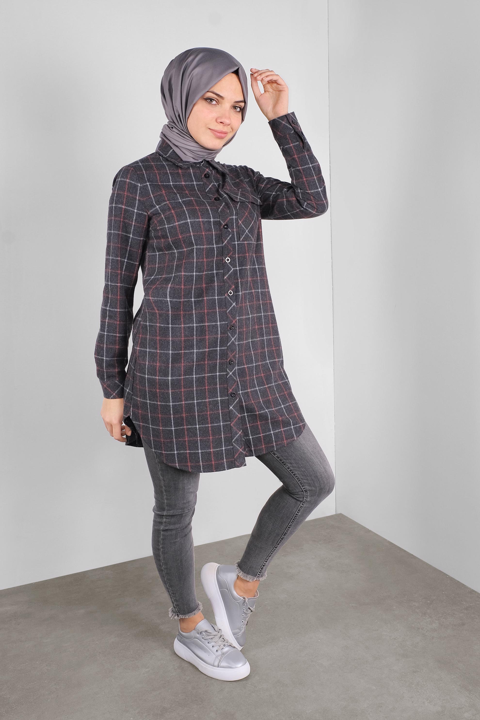 Tesettür giyim GRİ PAMUKLU EKOSELİ TUNİK 41304 