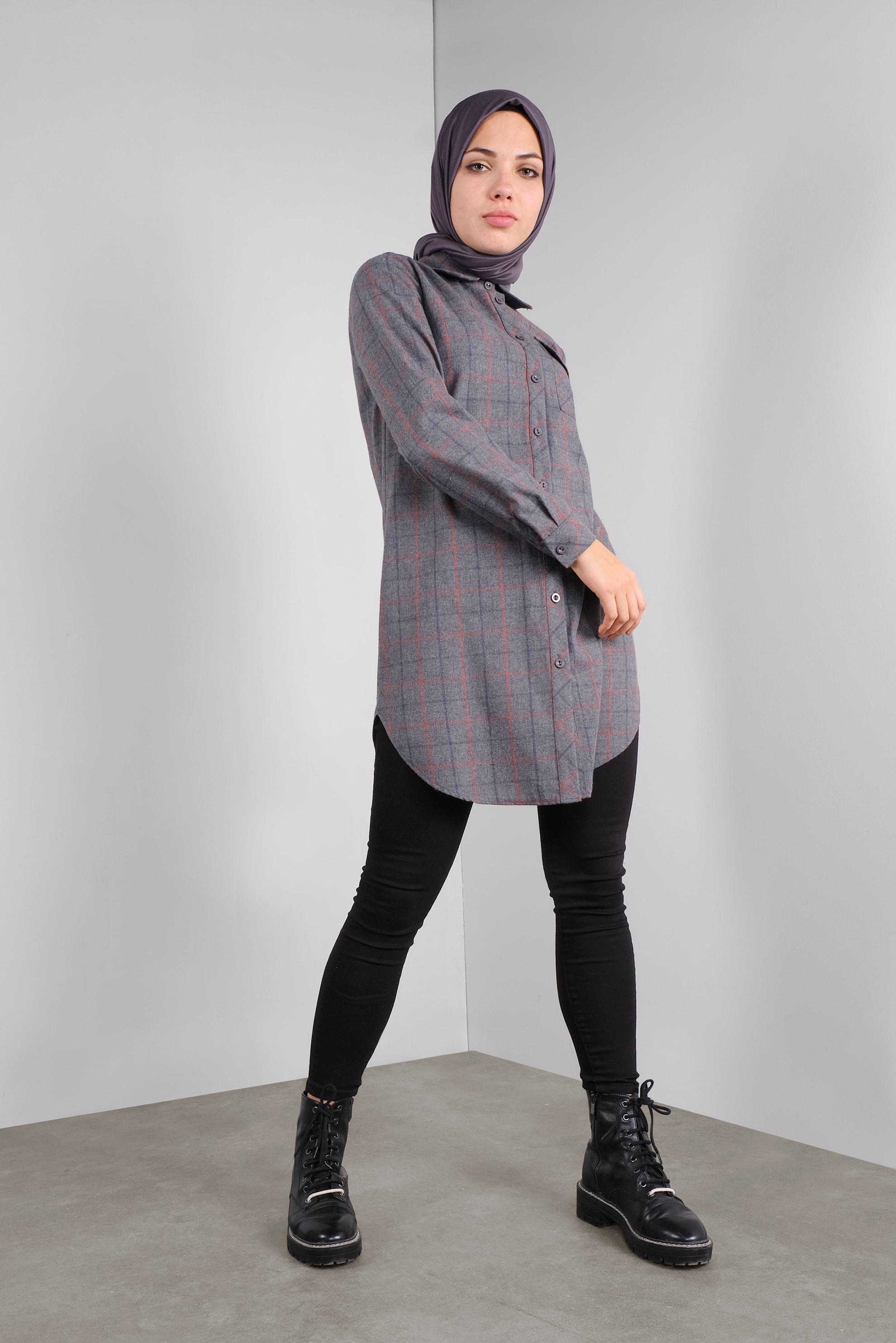 Tesettür giyim GRİ PAMUKLU EKOSELİ TUNİK 41304 