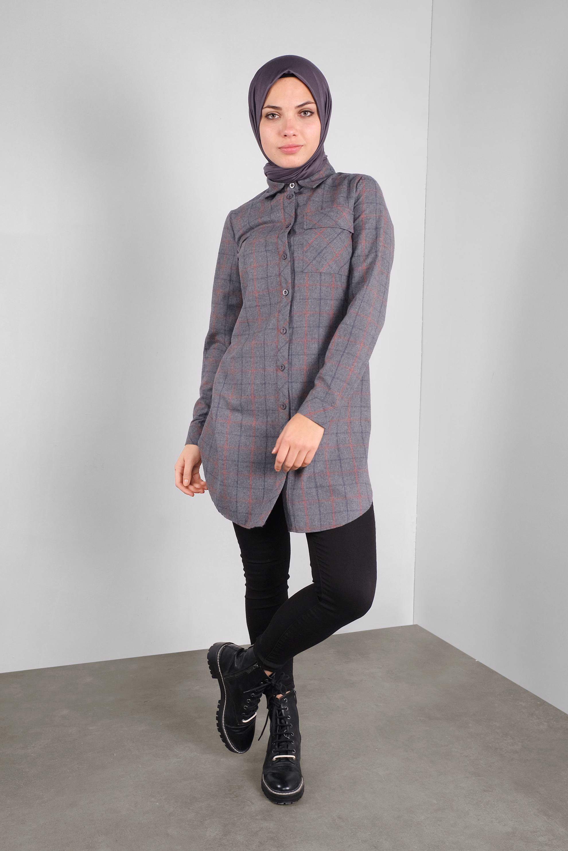 Tesettür giyim GRİ PAMUKLU EKOSELİ TUNİK 41304 