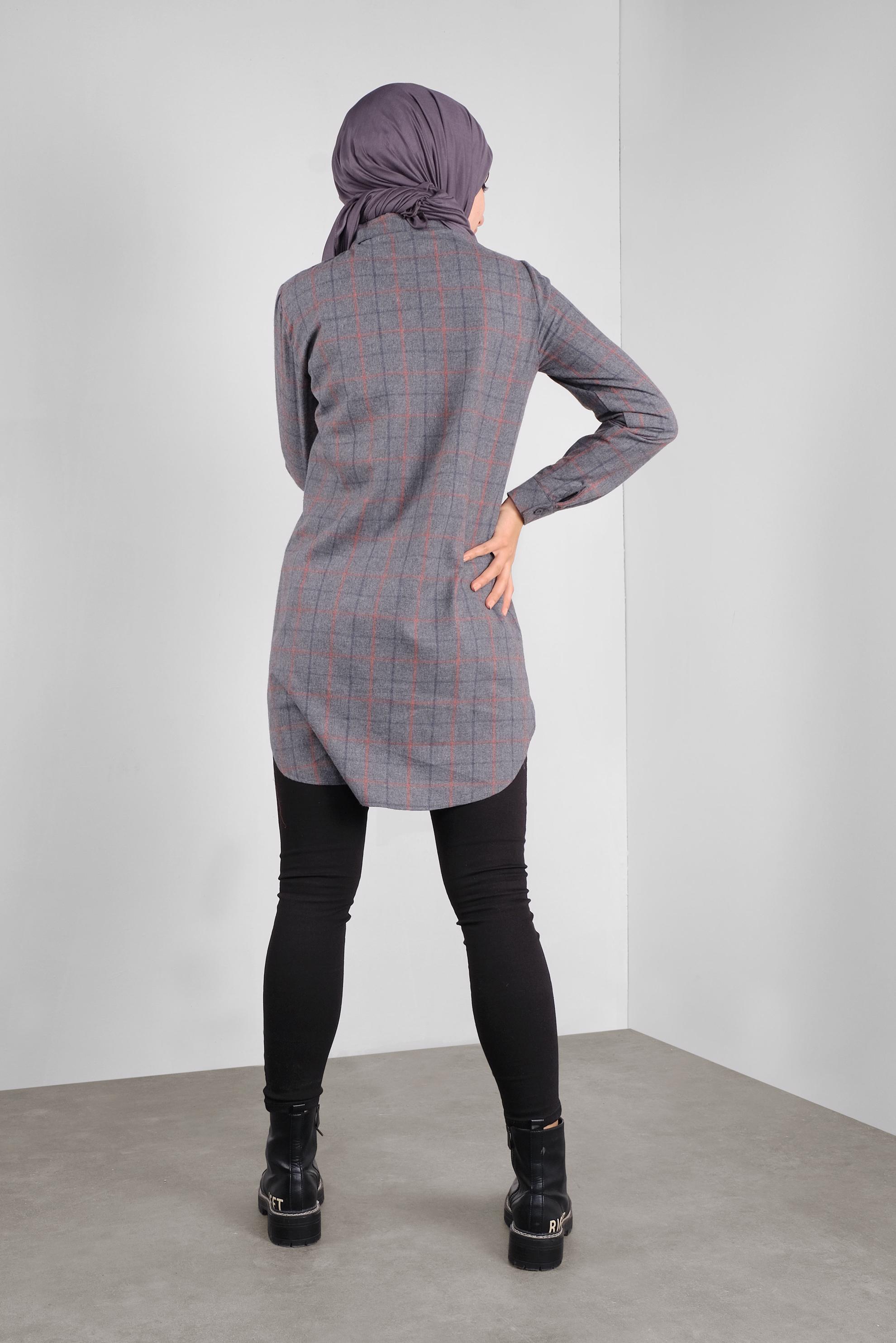 Tesettür giyim GRİ PAMUKLU EKOSELİ TUNİK 41304 