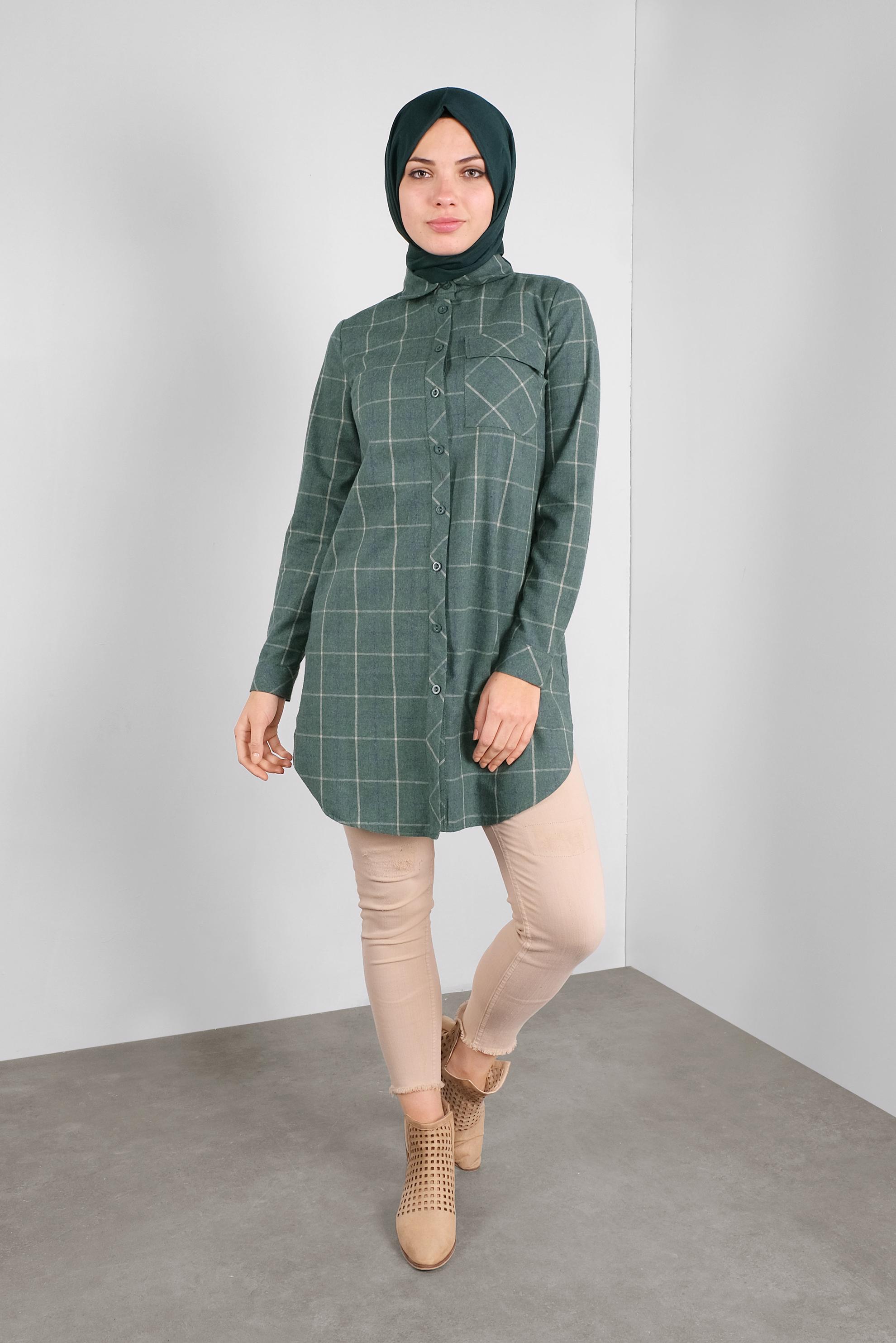 Tesettür giyim YEŞİL PAMUKLU EKOSELİ TUNİK 41304 