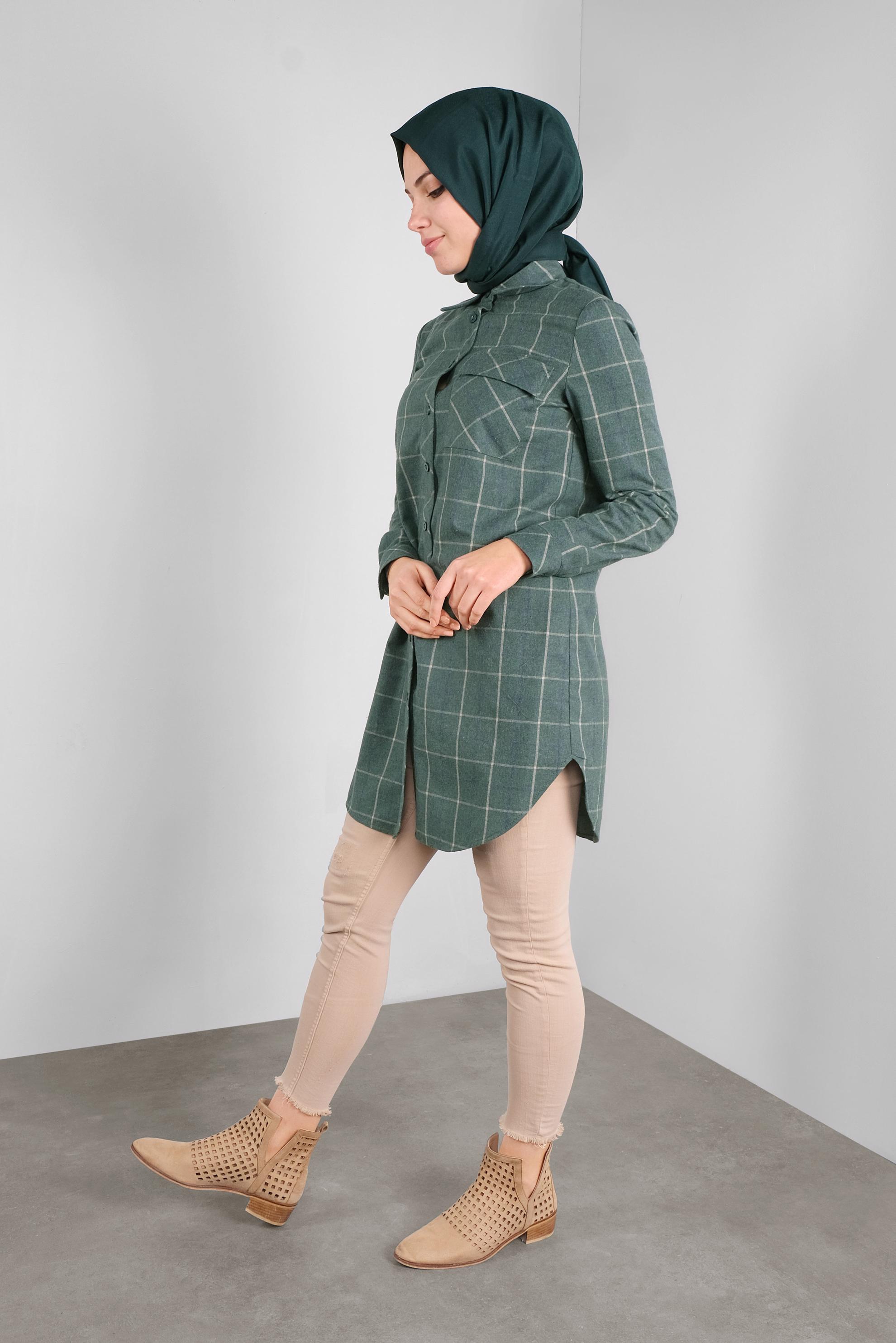 Tesettür giyim YEŞİL PAMUKLU EKOSELİ TUNİK 41304 