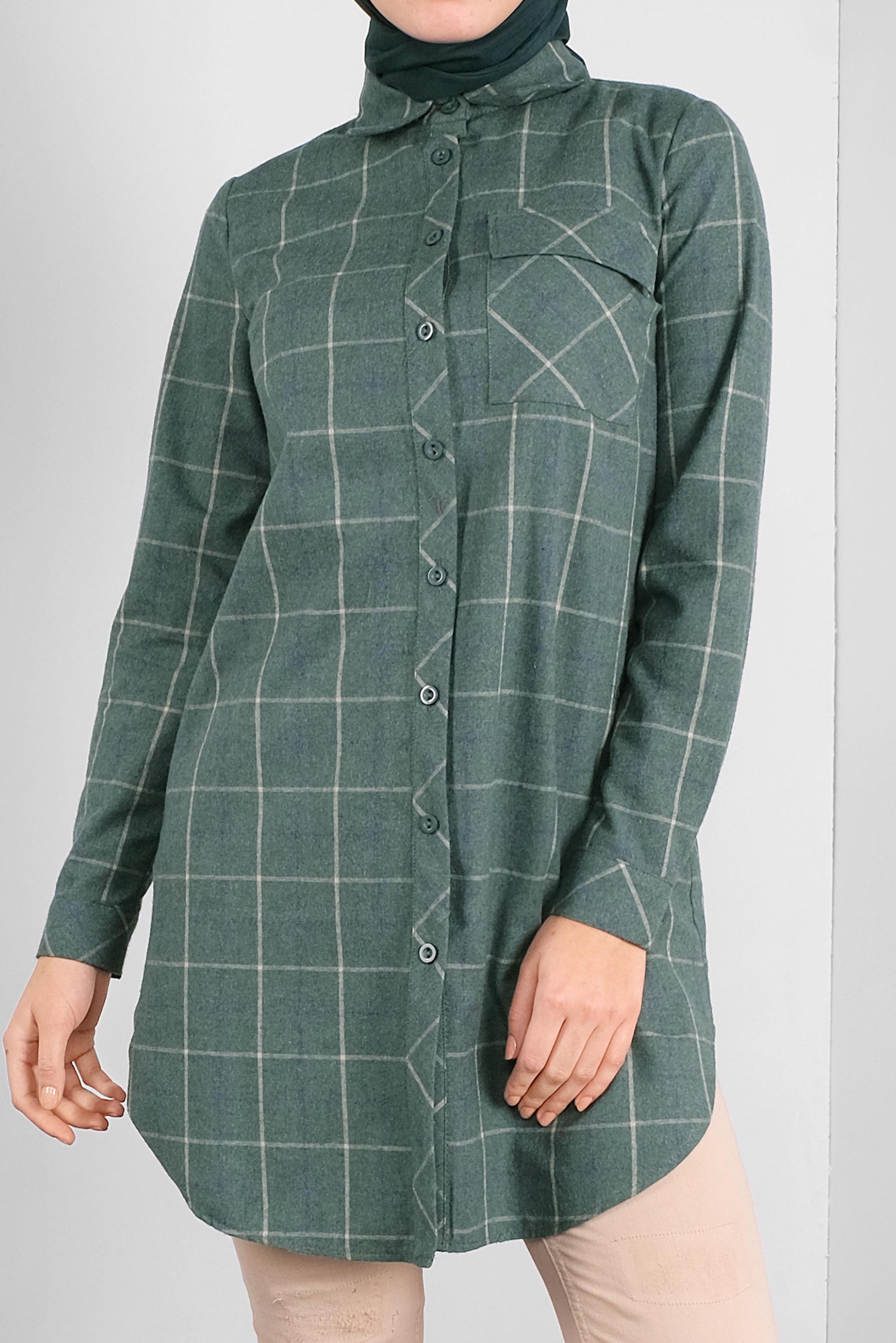 Tesettür giyim YEŞİL PAMUKLU EKOSELİ TUNİK 41304 