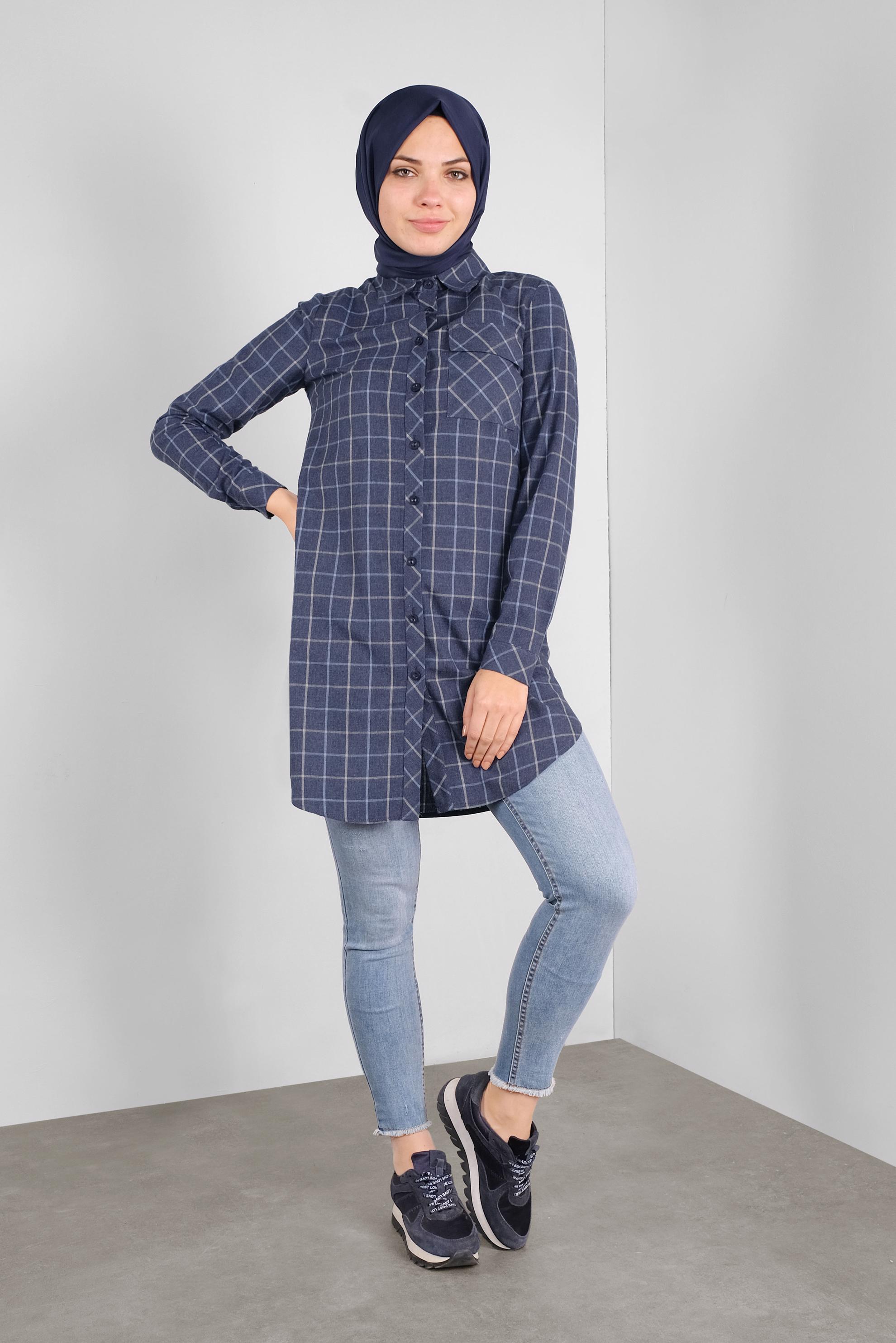 Tesettür giyim LACİVERT PAMUKLU EKOSELİ TUNİK 41304 