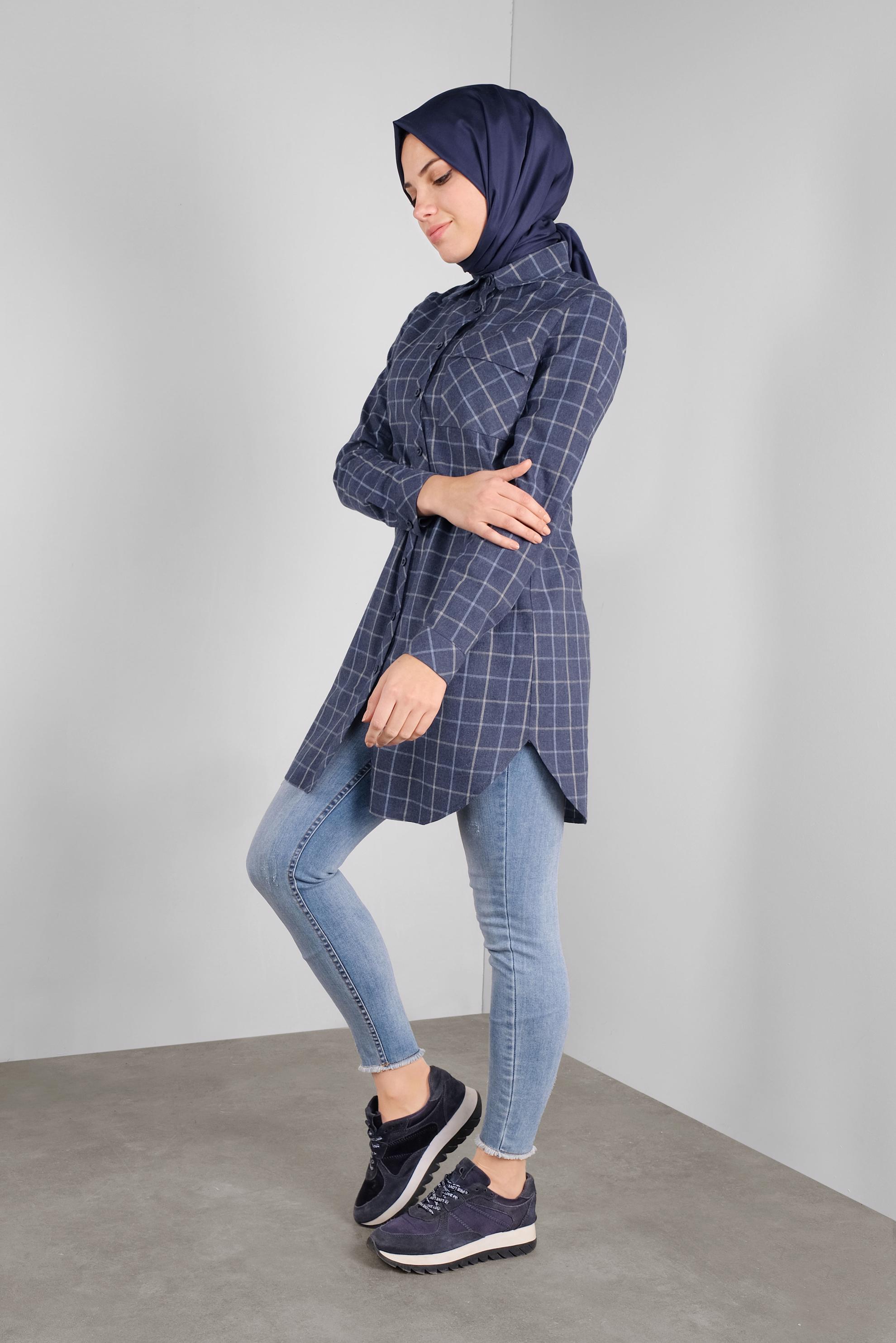 Tesettür giyim LACİVERT PAMUKLU EKOSELİ TUNİK 41304 