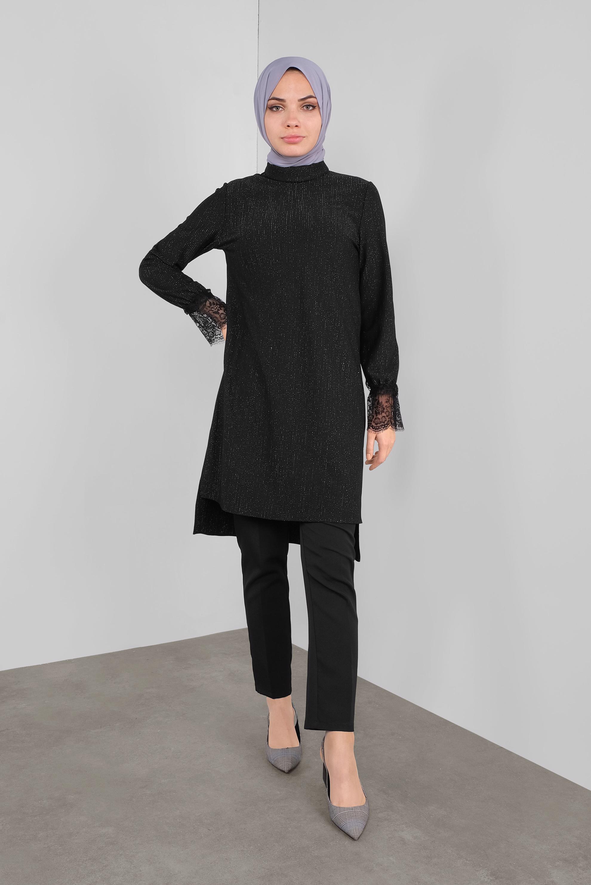 Tesettür giyim SİYAH SİMLİ FİTİLLİ BOĞAZLI TUNİK 41306 