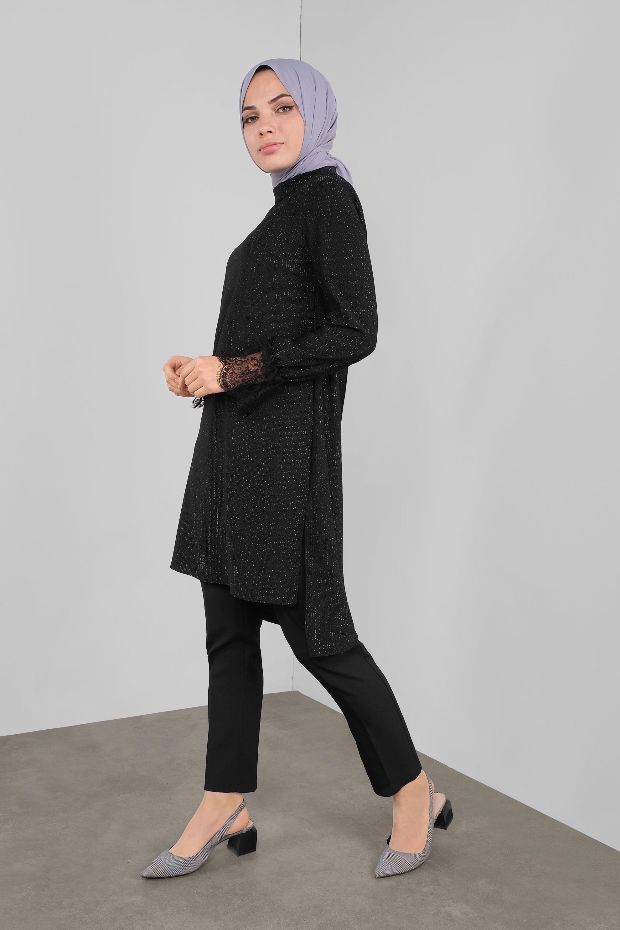 Tesettür giyim SİYAH SİMLİ FİTİLLİ BOĞAZLI TUNİK 41306 