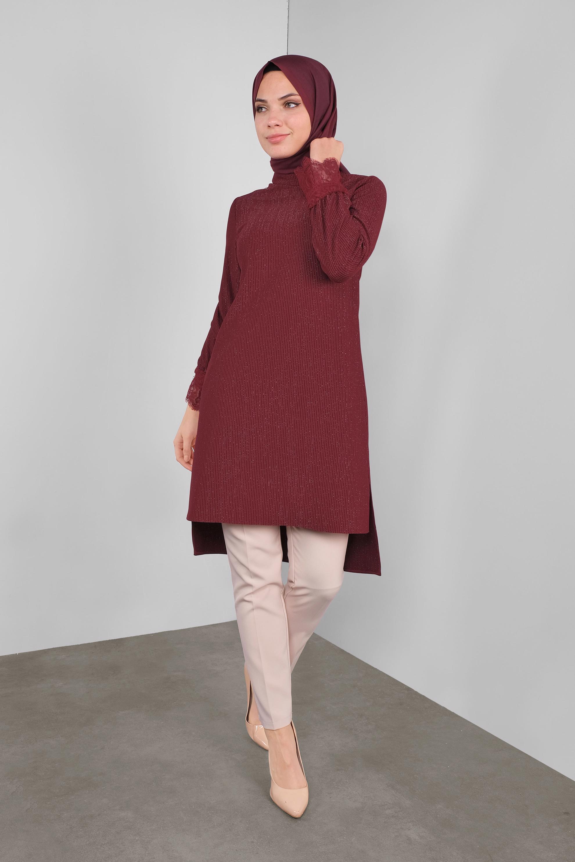 Tesettür giyim BORDO SİMLİ FİTİLLİ BOĞAZLI TUNİK 41306 