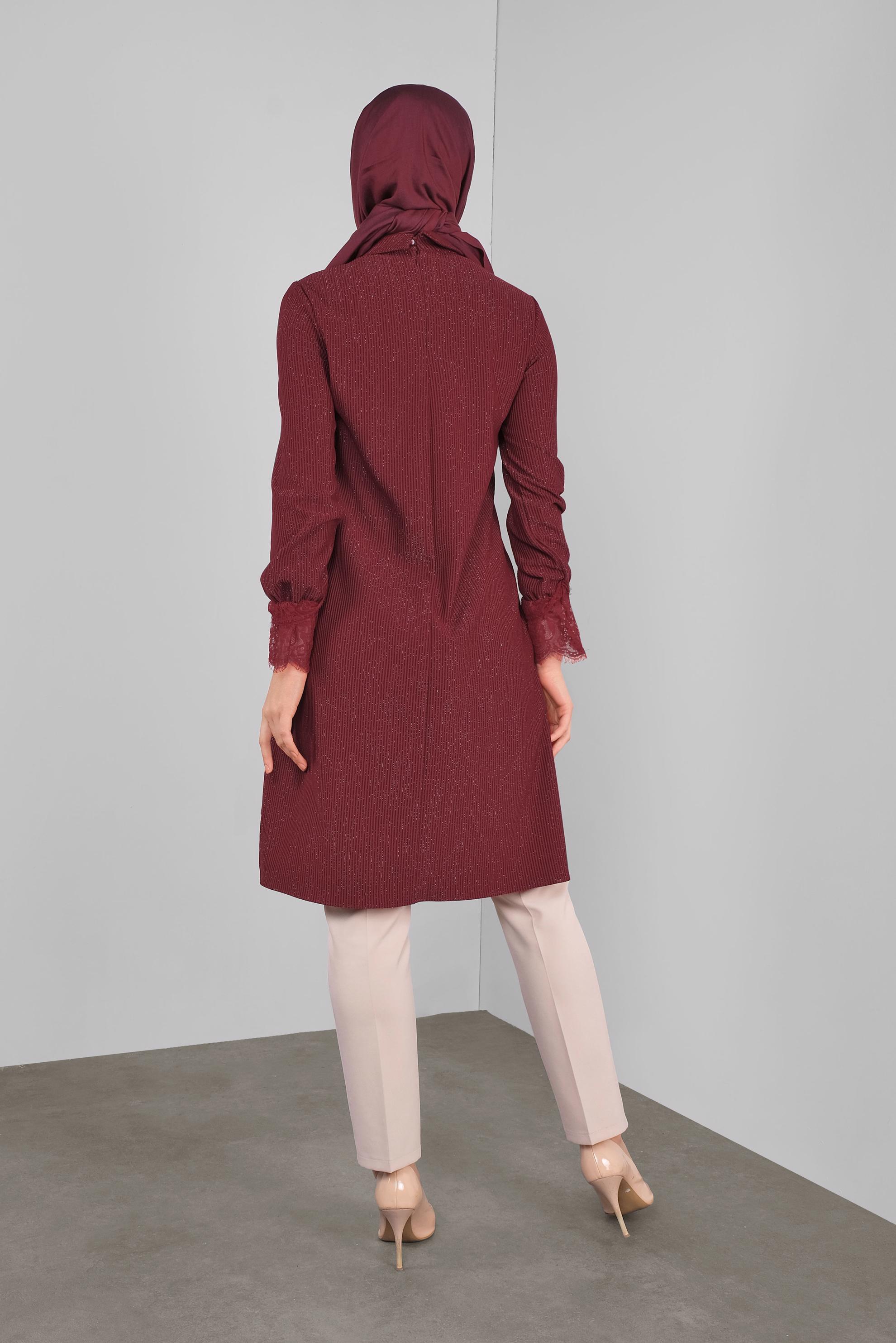 Tesettür giyim BORDO SİMLİ FİTİLLİ BOĞAZLI TUNİK 41306 