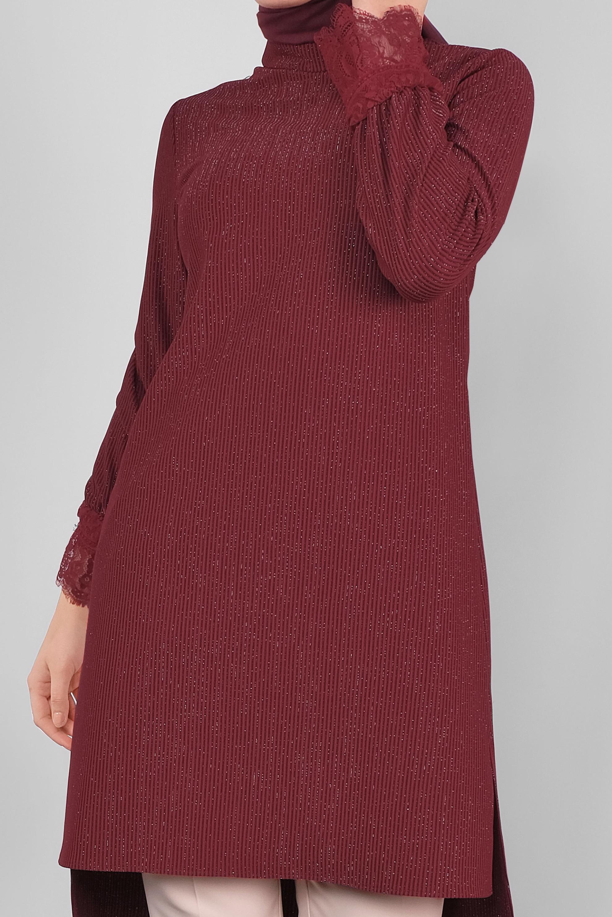 Tesettür giyim BORDO SİMLİ FİTİLLİ BOĞAZLI TUNİK 41306 